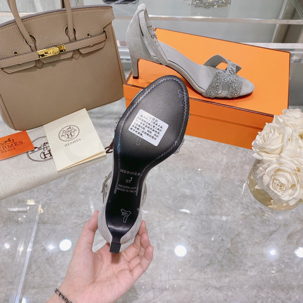 PREMIERE 70 SANDAL IN PALE GRAY SUEDE WITH CRYSTALS