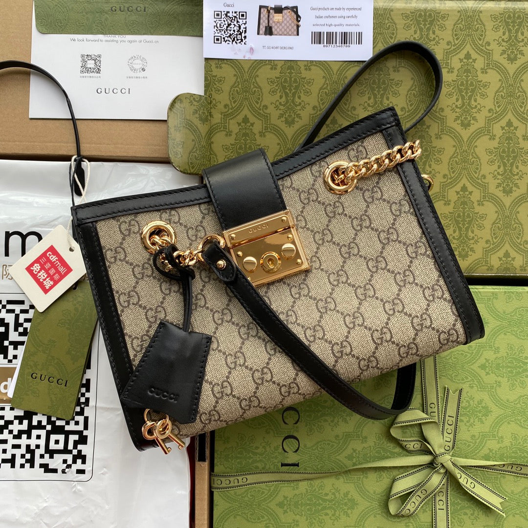 GG PADLOCK MEDIUM 26 SHOULDER BAG BEIGE CANVAS AND BLACK CALFSKIN