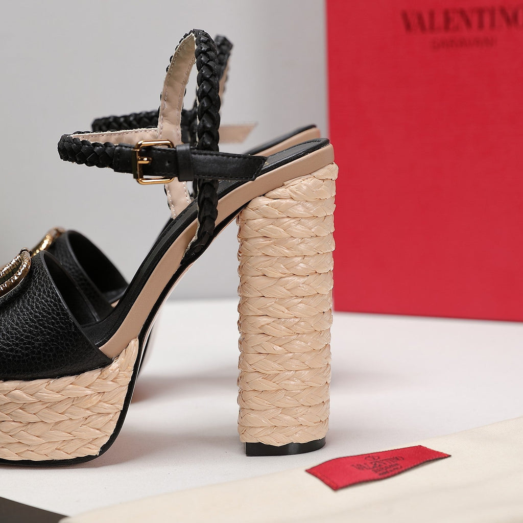 VLTN ESPADRILLE WEDGE SANDALS 25S 130 MM IN BLACK LAMBSKIN WITH GOLD HARDWARE