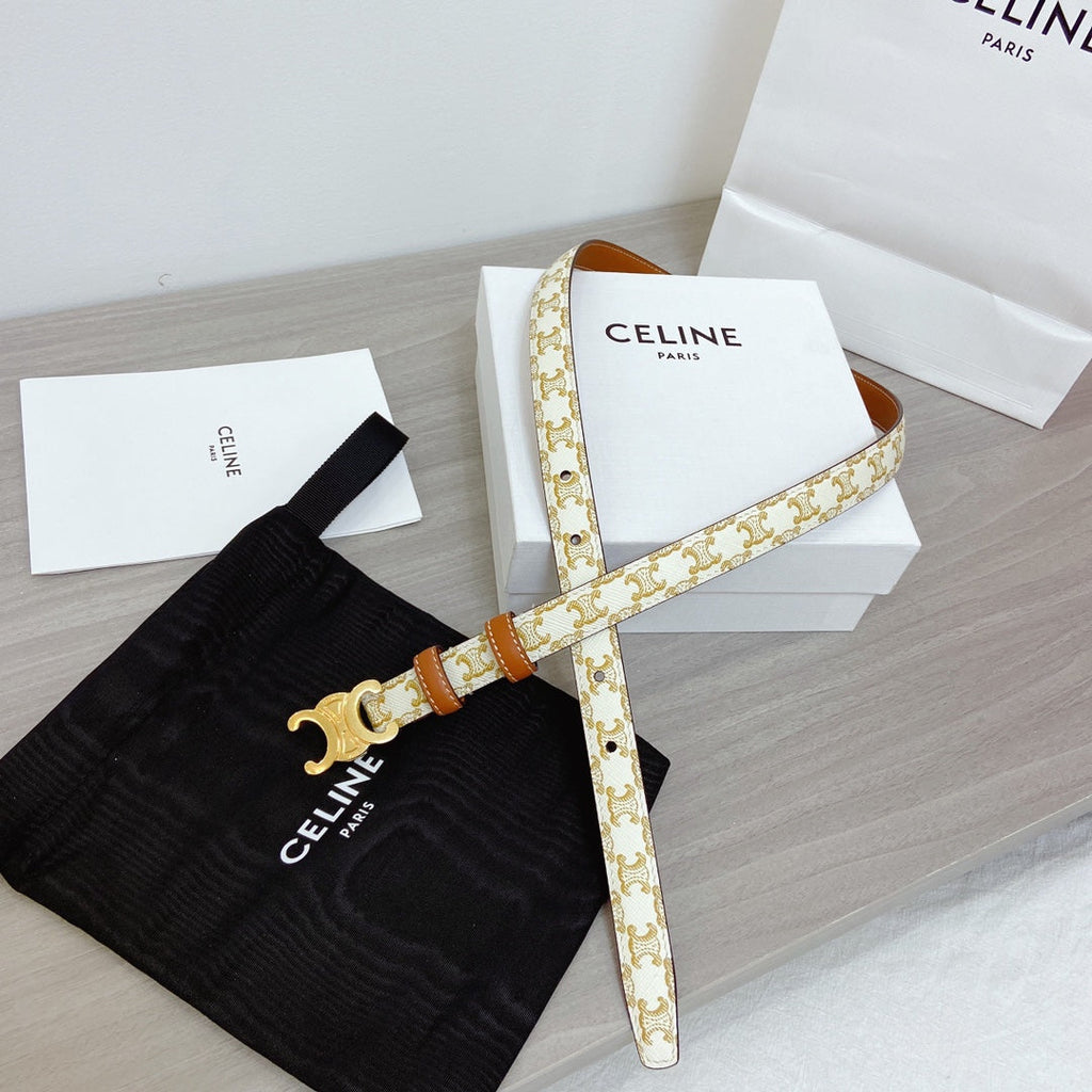 TRIOMPHE BELT 18MM REVERSIBLE IN WHITE CALFSKIN WITH GOLD MONOGRAM PRINT AND BROWN CALFSKIN WITH GOLD BUCKLE