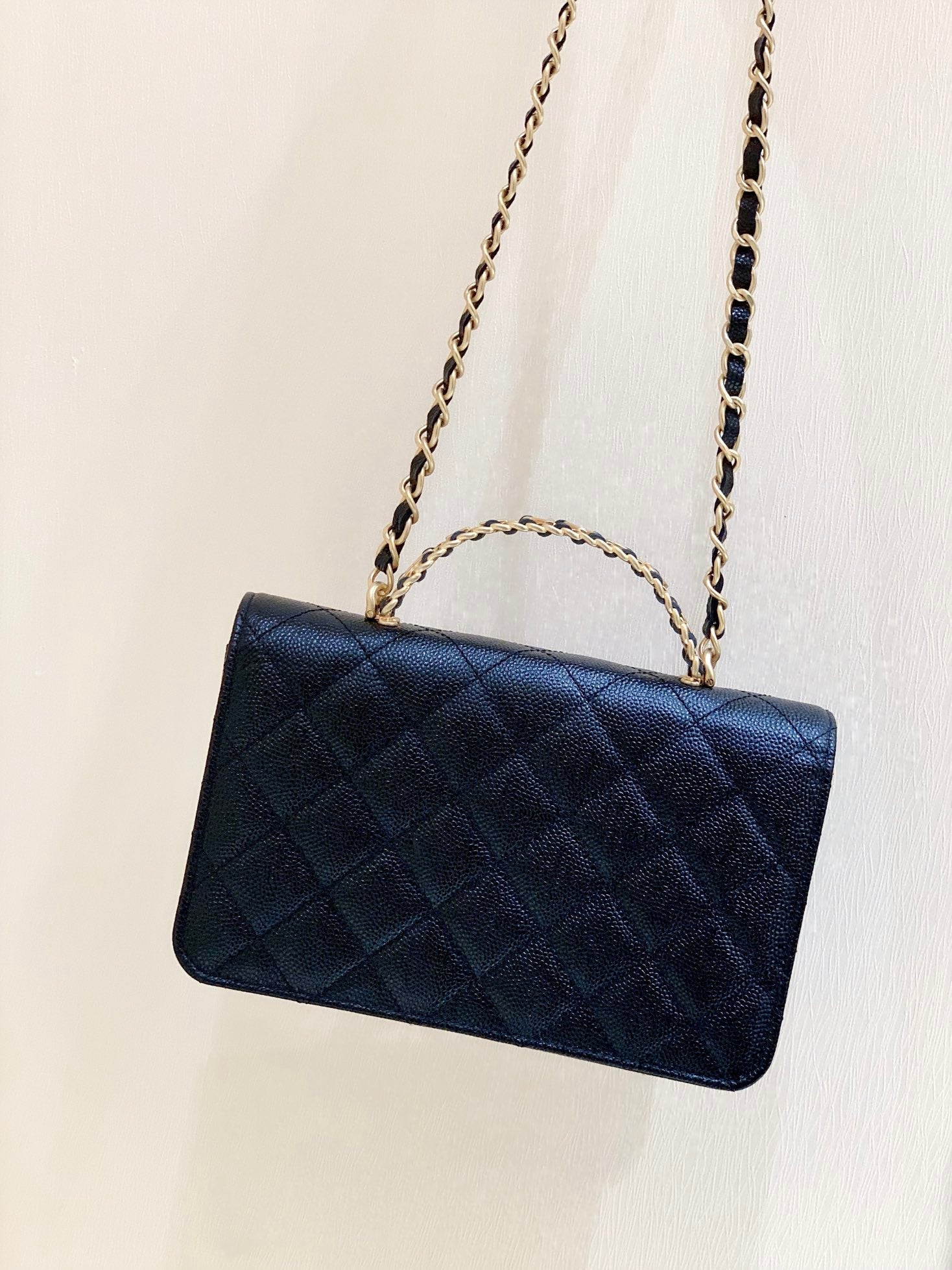 CHANEL 25S TOP HANDLE BAG 19 IN BLACK WALLET ON CHAIN LAMBSKIN