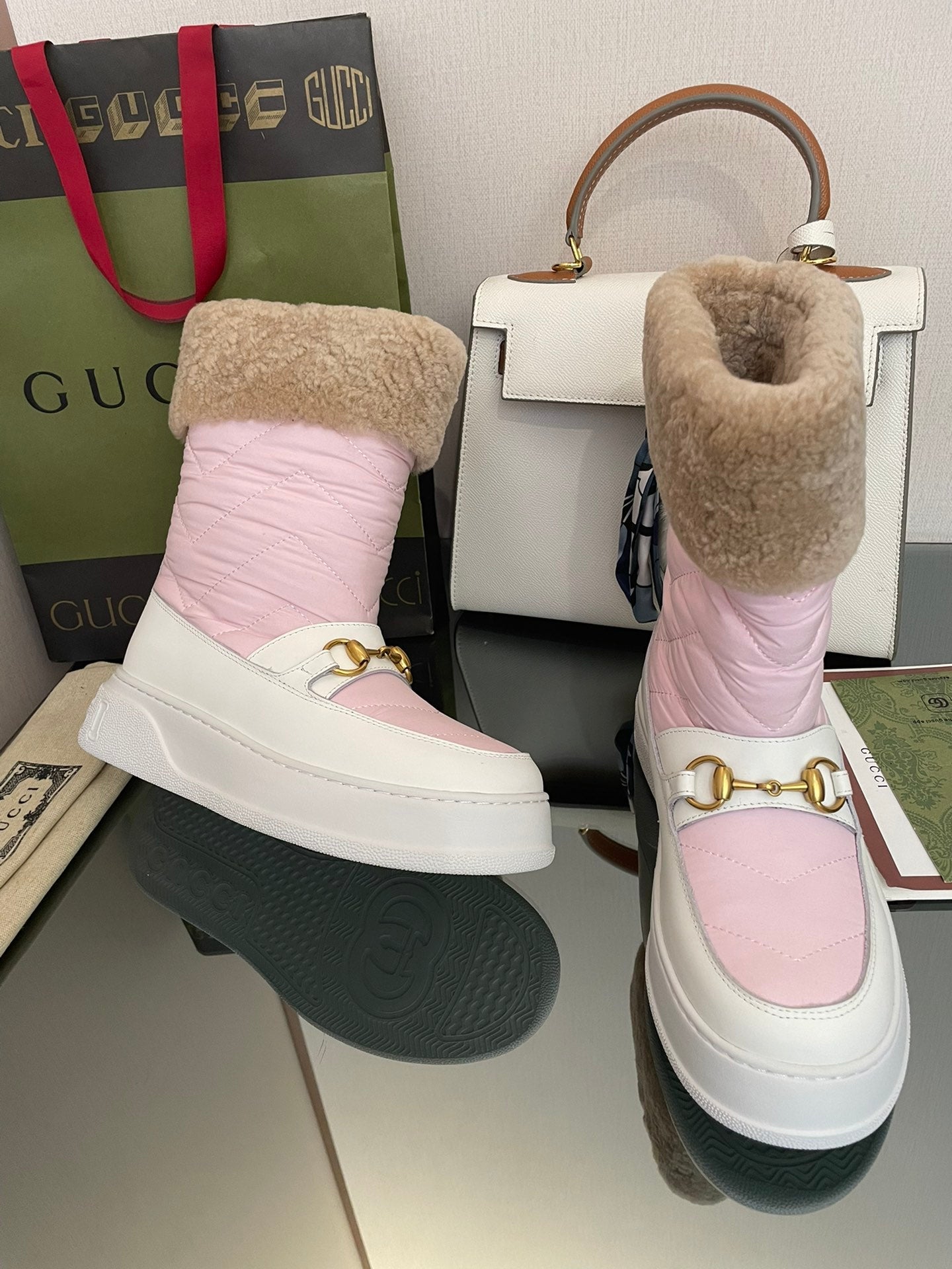 HORSEBIT ANKLE BOOTS WITH MERINO TRIM IN LIGHT PINK NYLON MIX WHITE CALFSKIN