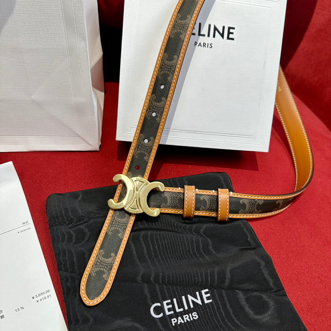 TRIOMPHE BELT 25MM REVERSIBLE IN DARK BROWN LOGO PRINT AND BROWN CALFSKIN WITH GOLD BUCKLE