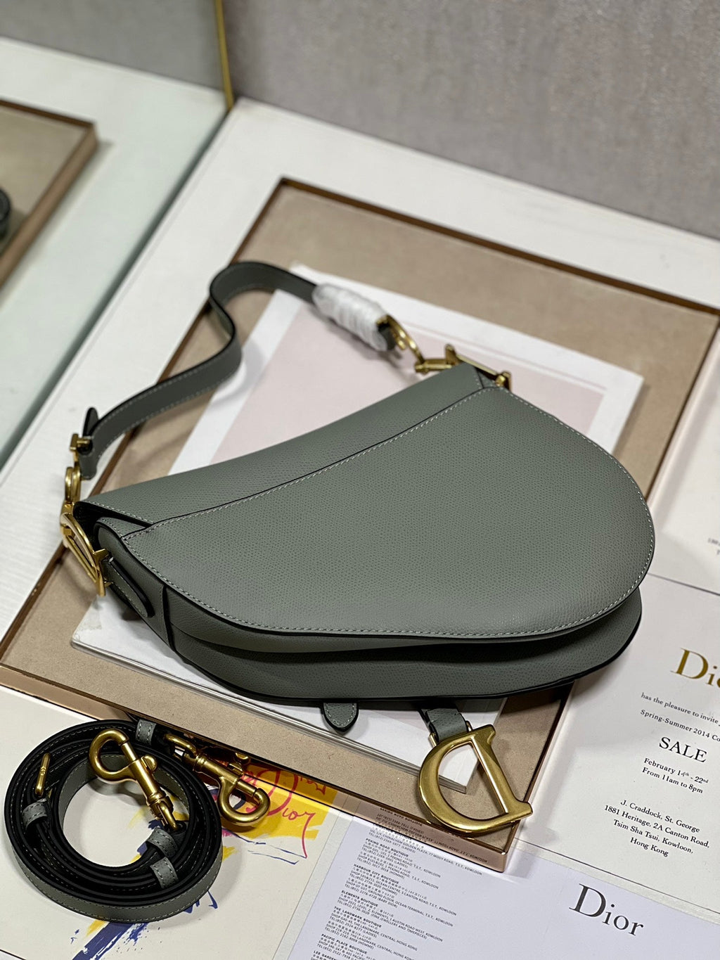 DIOR 26S SADDLE BAG 19 IN STONE GREY CALFSKIN