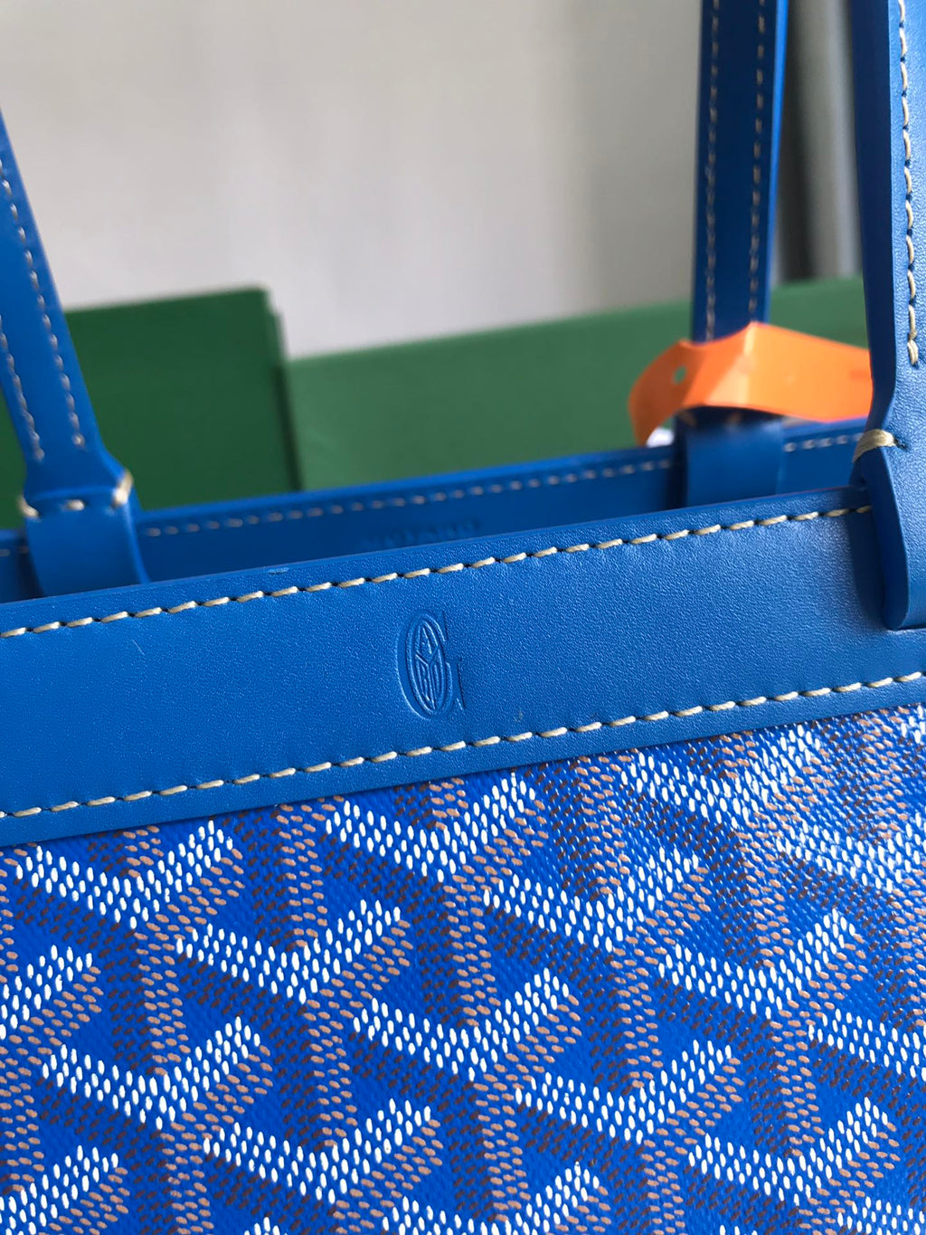 BELLECHASSE BIAUDE PM BAG 36 IN BLUE GOYARDINE CANVAS AND CALFSKIN TRIM