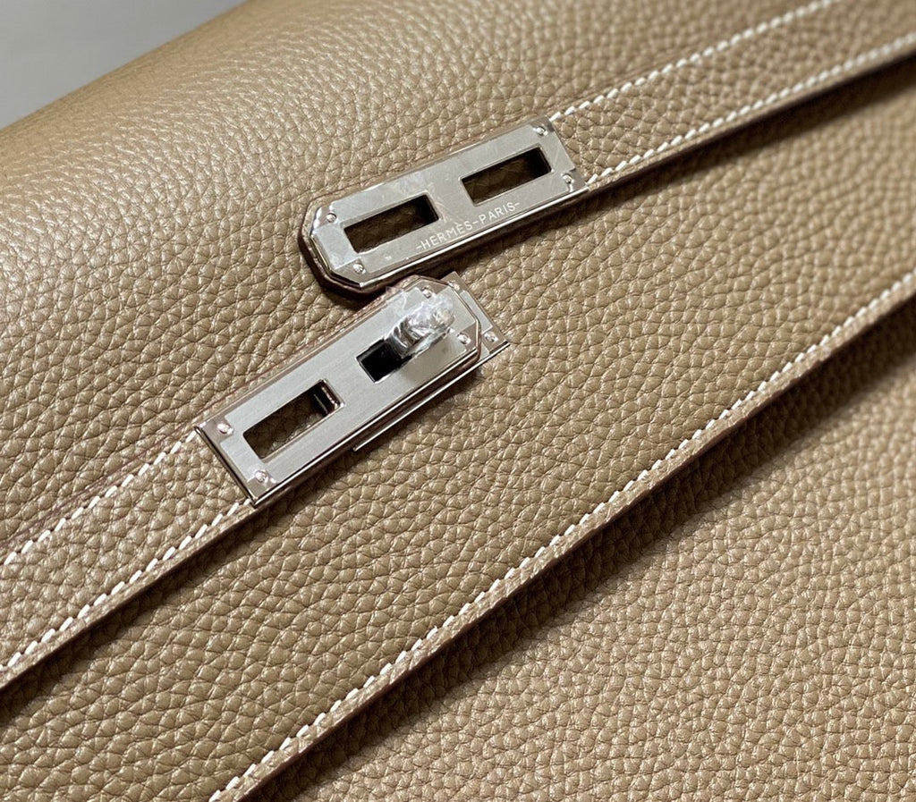 KELLY DEPECHES 34 BRIEFCASE IN ETOUPE TOGO CALFSKIN SILVER HARDWARE