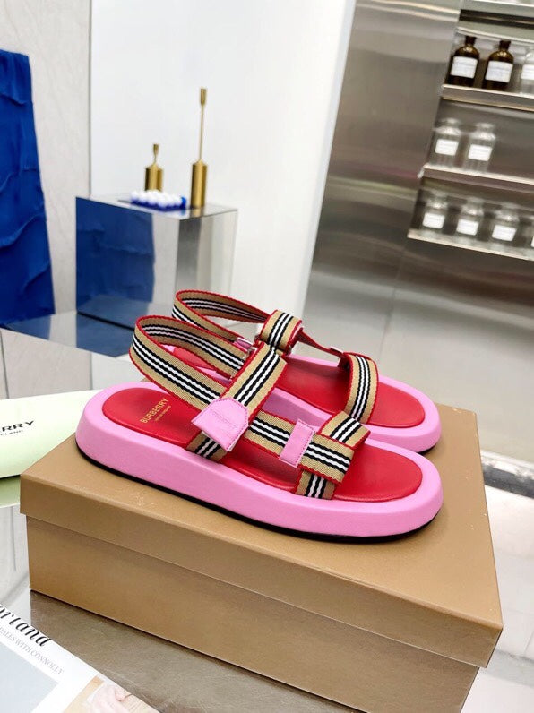 BURBERRY 26S STRAP FLAT SANDALS IN PINK AND RED CALFSKIN AND FABRIC