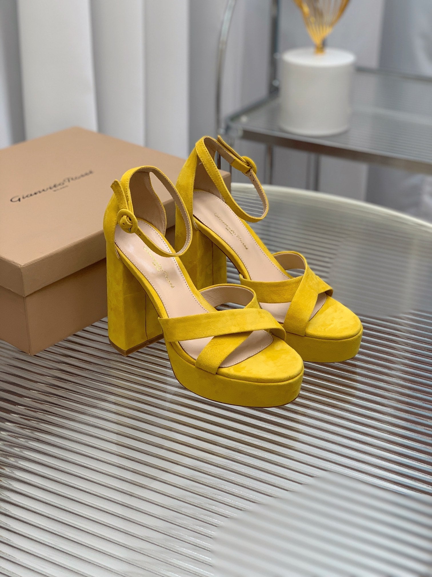 GIANVITO ROSSI 26S PLATFORM SANDALS 115 MM IN YELLOW SUEDE
