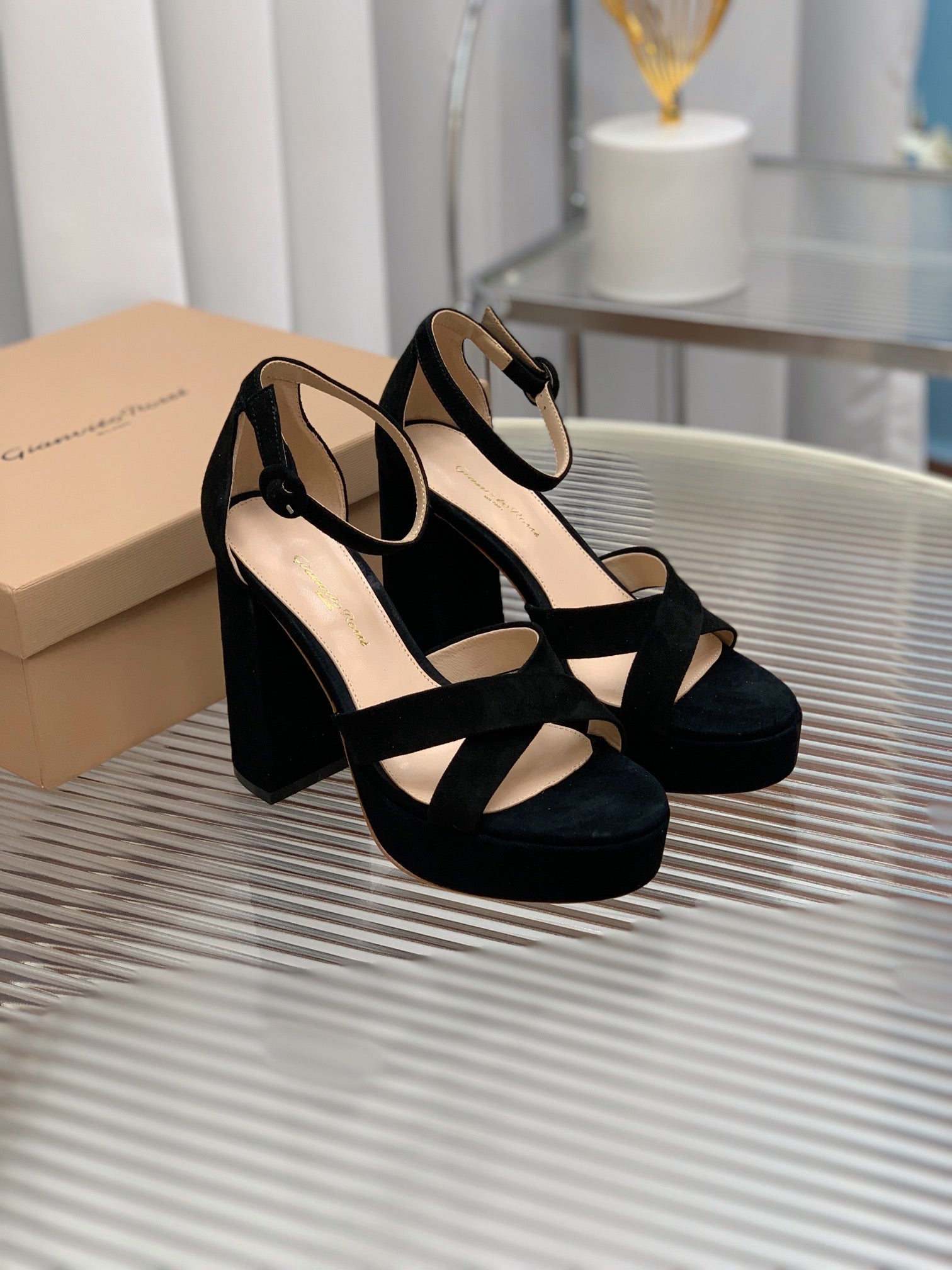 GIANVITO ROSSI 26S PLATFORM SANDALS 115 MM IN BLACK SUEDE