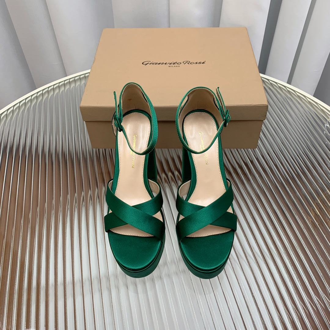 GIANVITO ROSSI 26S PLATFORM SANDALS 115 MM IN DARK GREEN SATIN