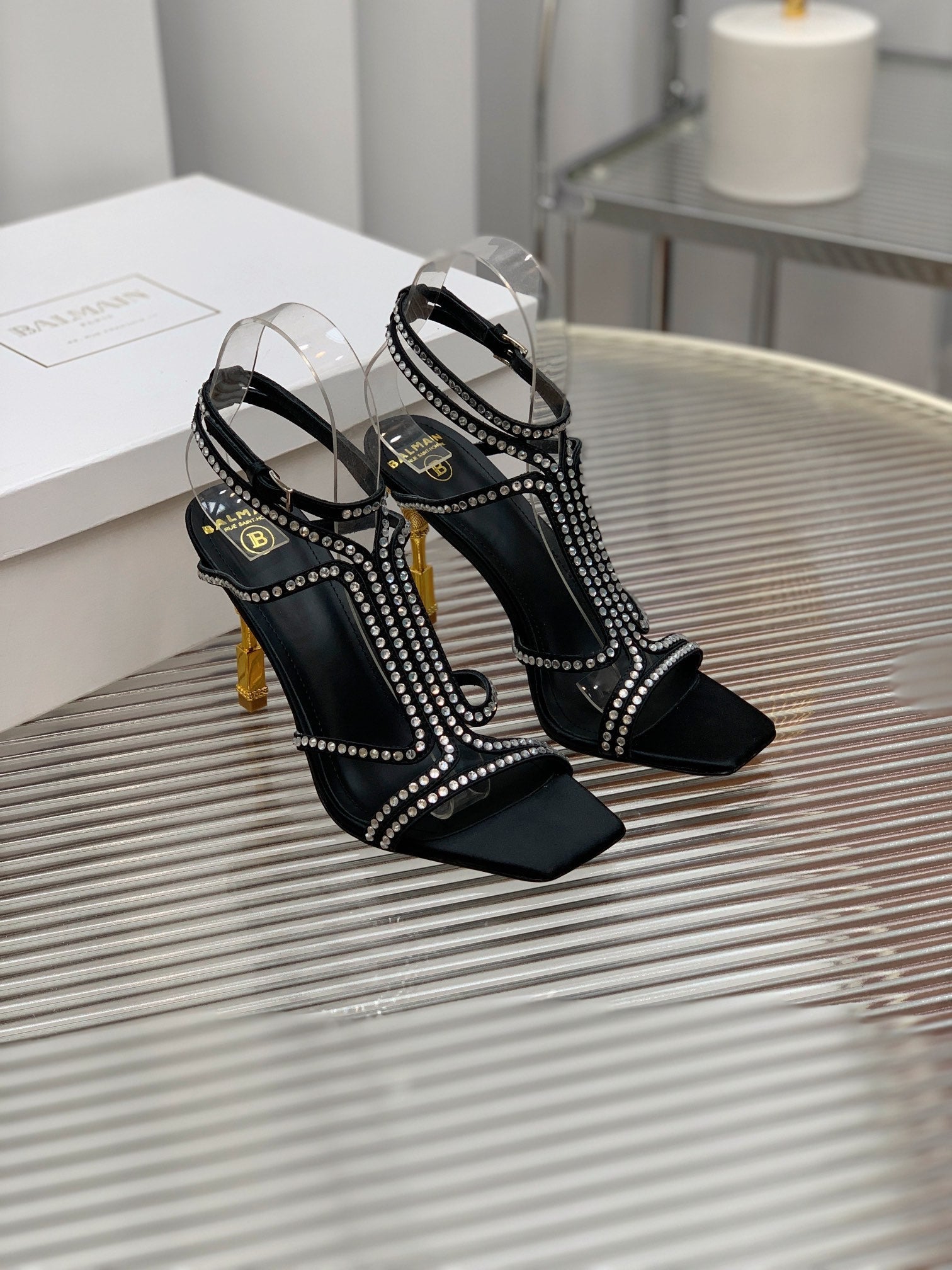 BALMAIN 25S MONETA SANDAL 95MM IN BLACK CALFSKIN WITH CRYSTAL