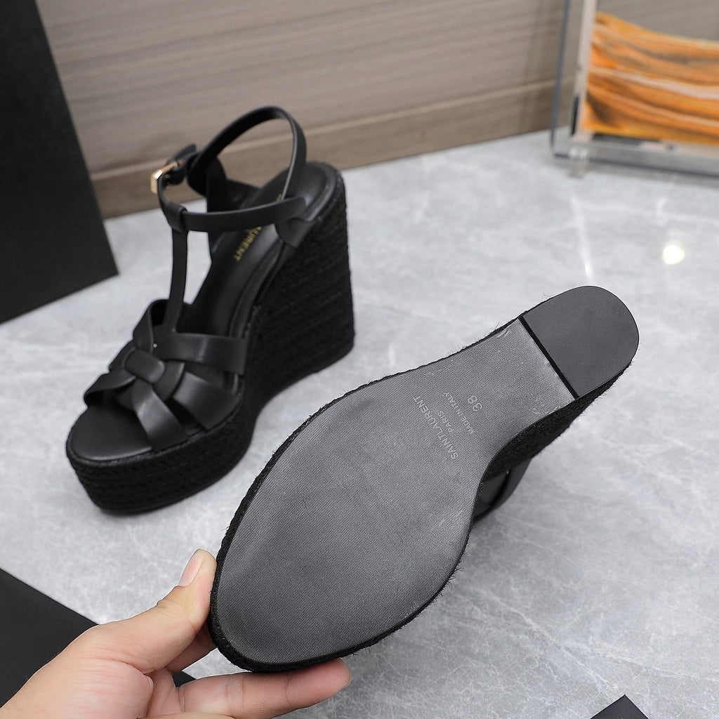YSL TRIBUTE ESPADRILLE WEDGE SANDALS 105MM IN BLACK CALFSKIN