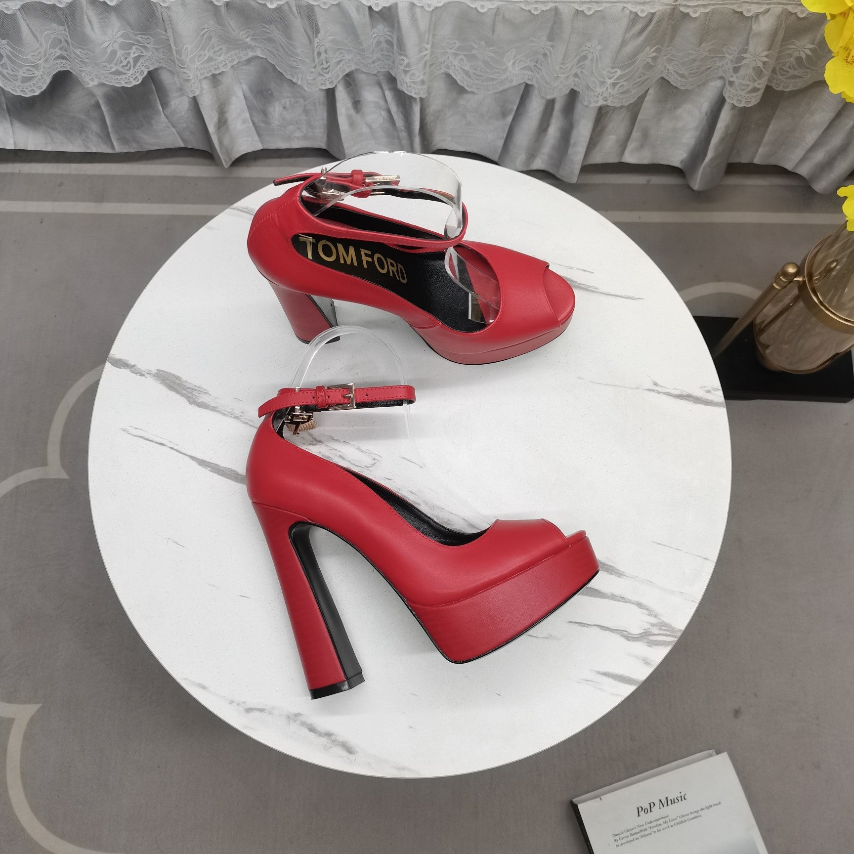 PADLOCK PLATFORM PEEP TOE PUMP 14 CM IN RUBY RED CALFSKIN