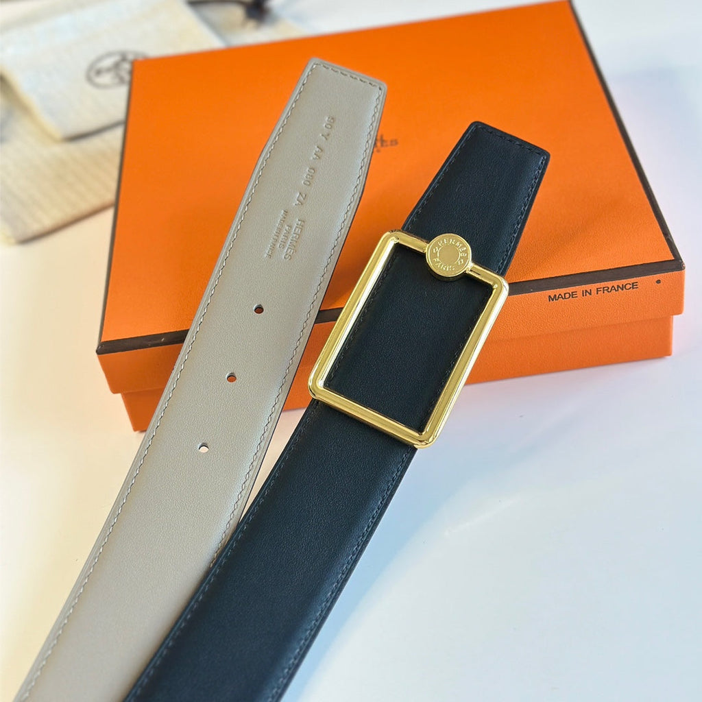 TUBE H BELT BUCKLE & REVERSIBLE KHAKI BROWN AND BLACK LEATHER STRAP 38MM GOLD HARDWARE