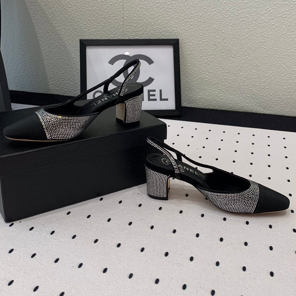 Double CC Rhinestone Slingback Sheepskin Silver Black