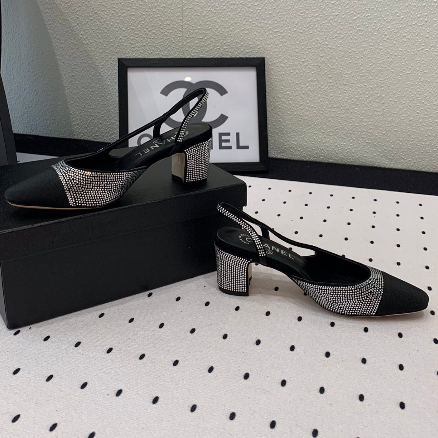 Double CC Rhinestone Slingback Sheepskin Silver Black