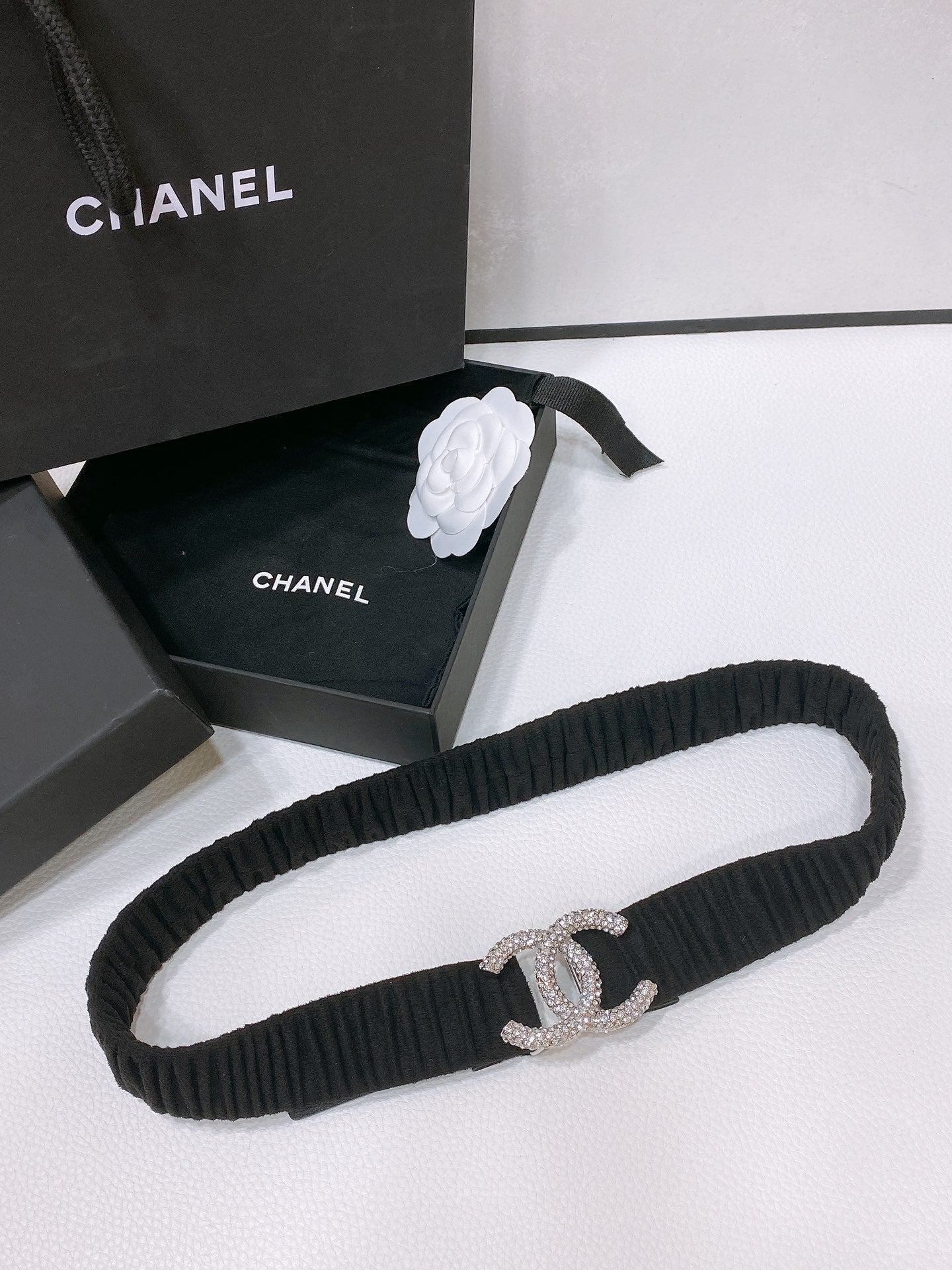 CC ELASTIC BELT 30MM IN BLACK WOOL FABRIC SILVER HARDWARE WITH RHINSTONES