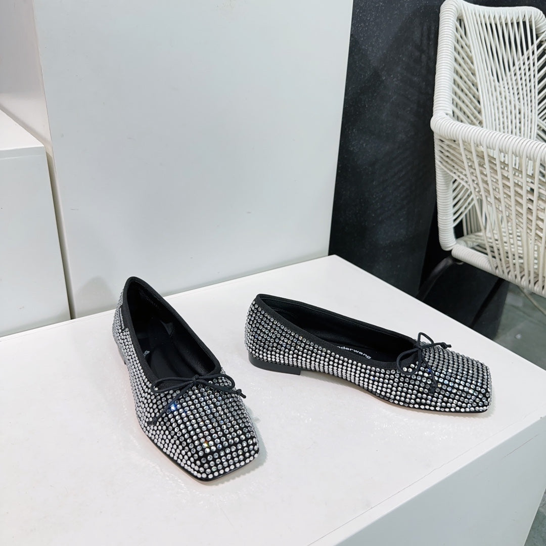 EMBELLISHED BILLIE FLATS IN BLACK MIX WHITE CRYSTAL SATIN