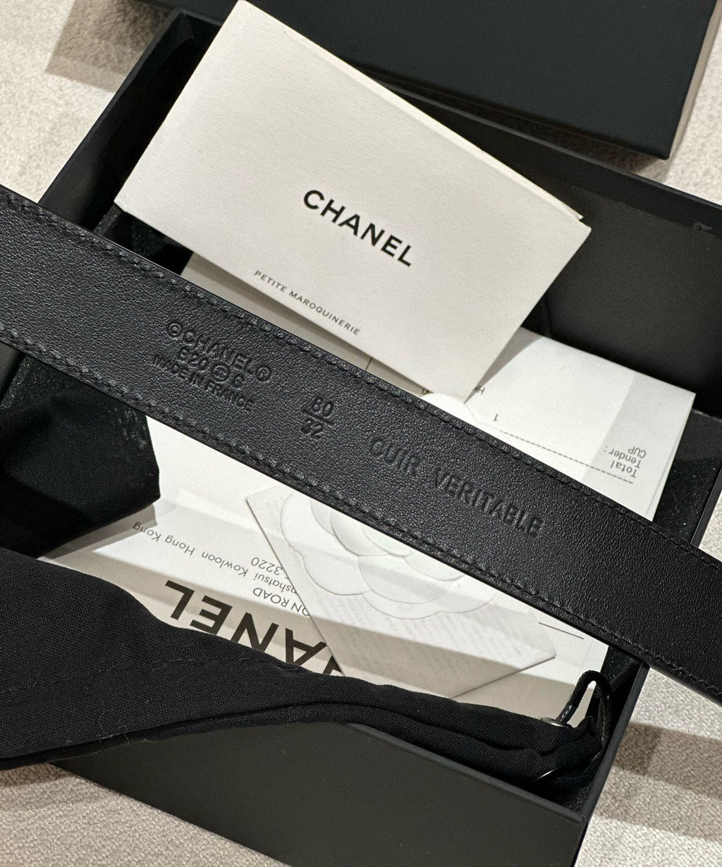 DOUBLE C BELT 30MM IN BLACK CALFSKIN GOLD BUCKLE WITH EMBOSSED CHECK PATTERN