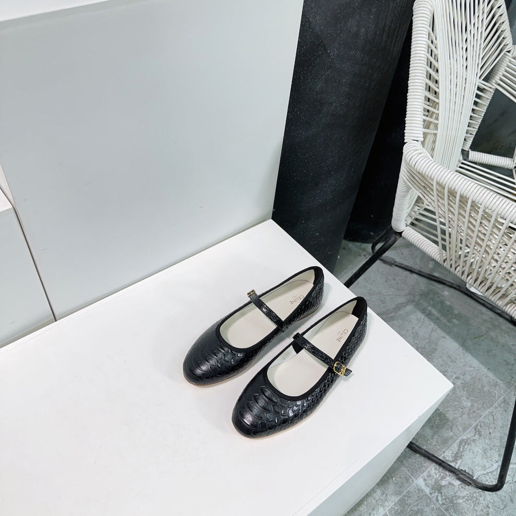 BLACK PYTHON PRINT LEATHER BALLET FLATS
