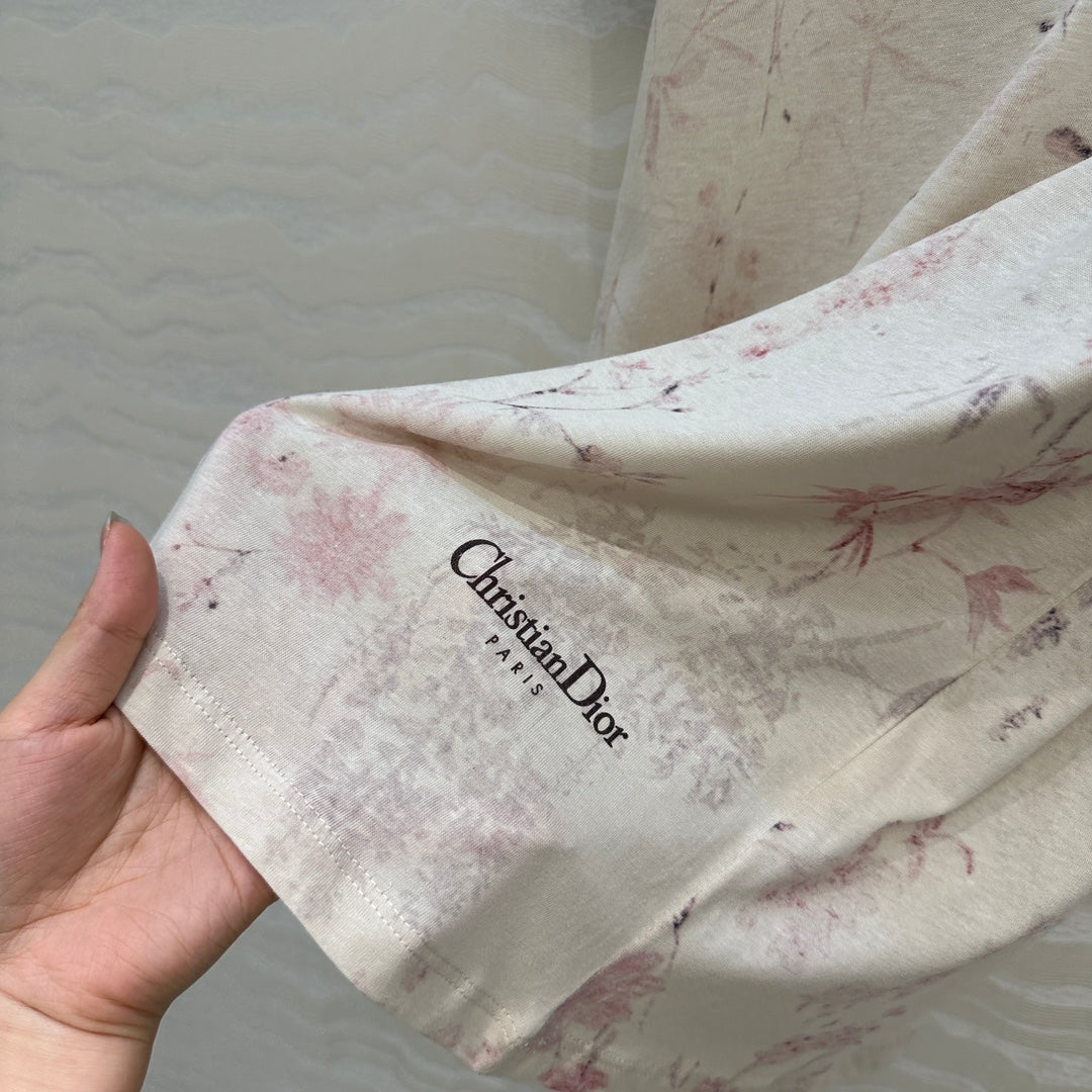 DIOR INK FLOWER PRINTED COTTON-LINEN T-SHIRT
