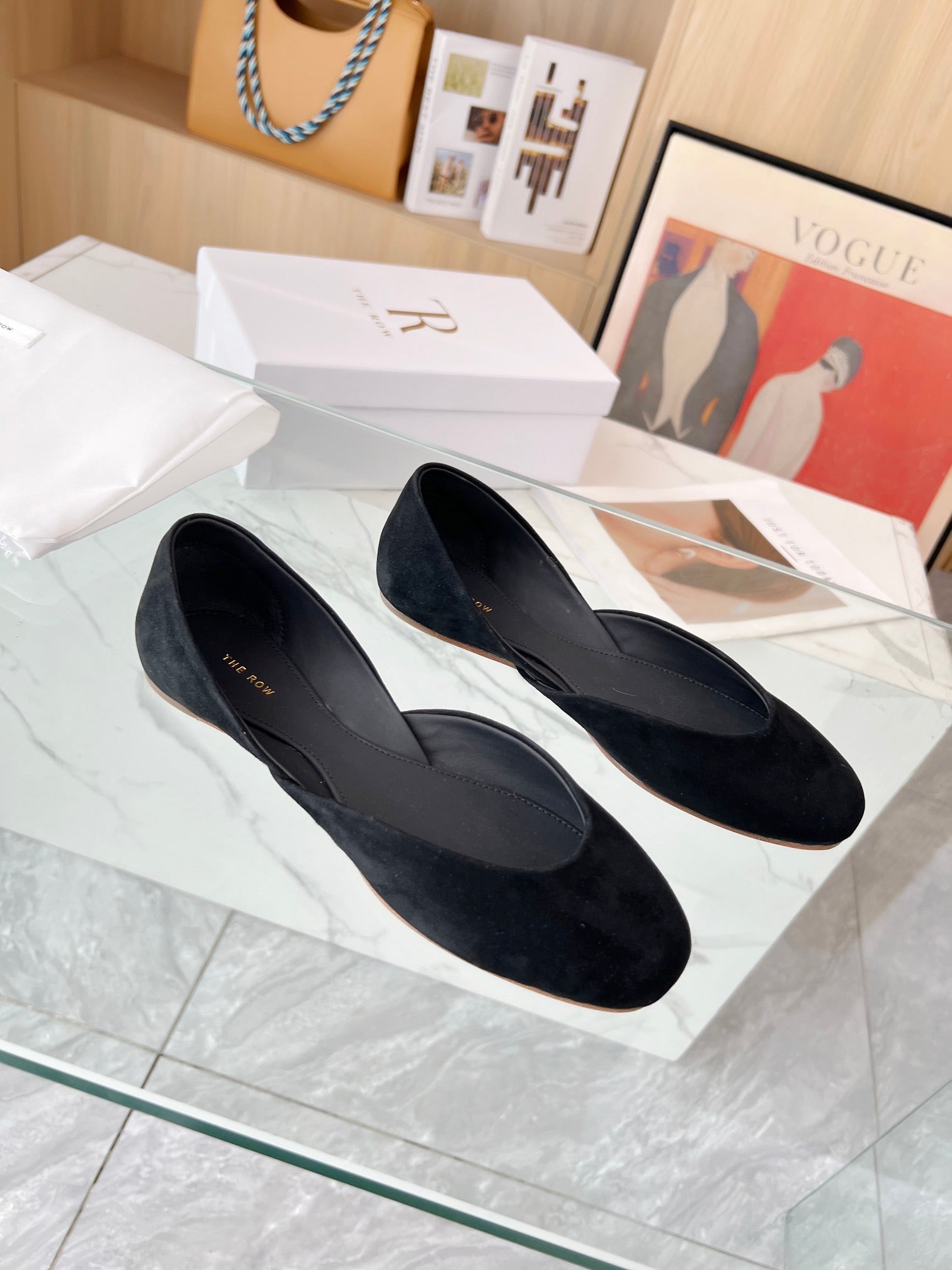 THE ROW 26S ROUND TOE BALLET FLATS IN BLACK SUEDE
