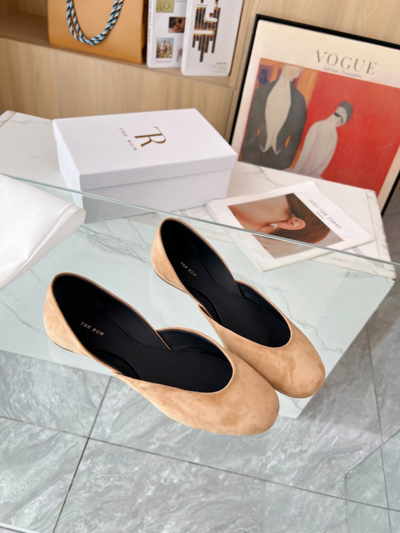 THE ROW 26S ROUND TOE BALLET FLATS IN DARK BEIGE SUEDE