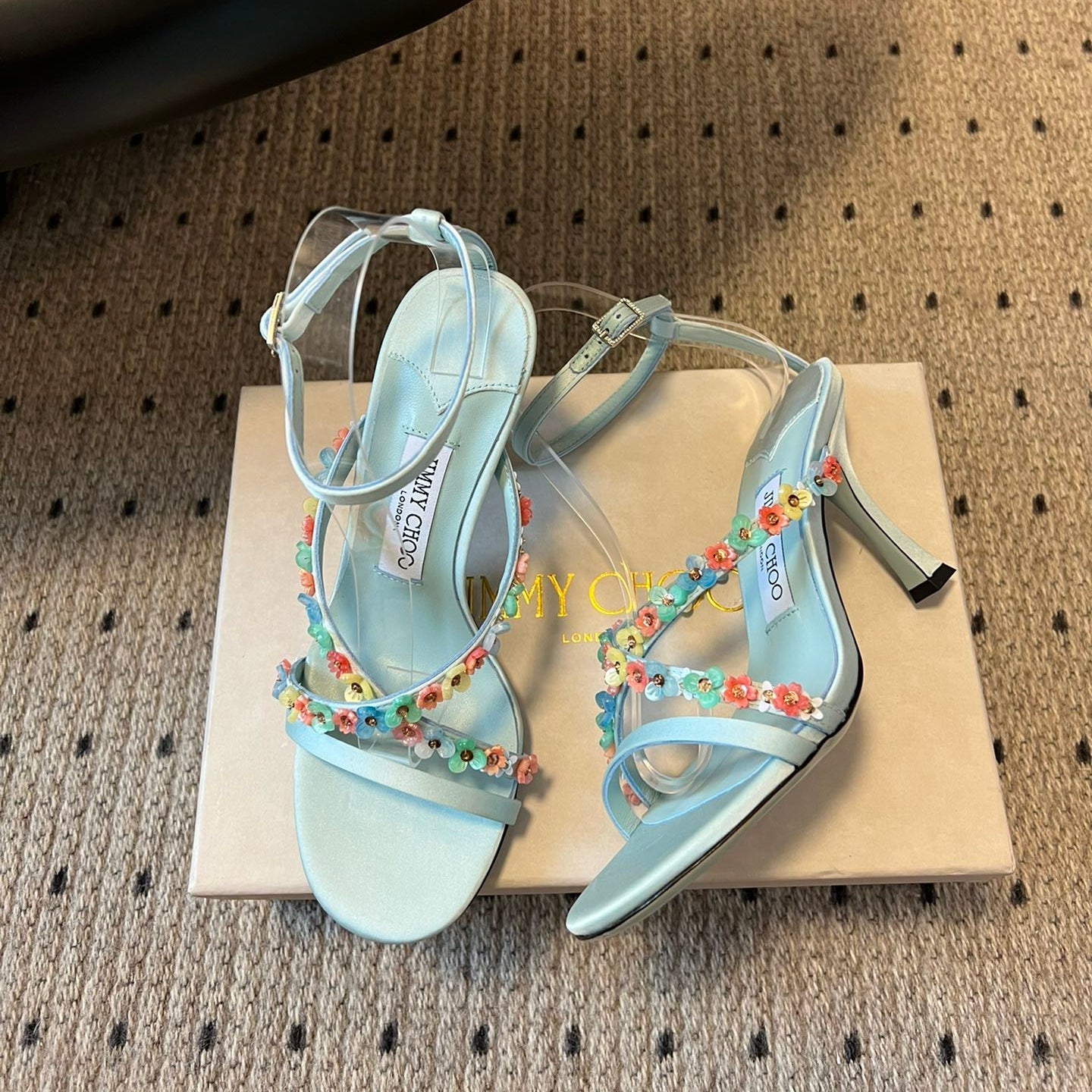 JIMMY CHOO 26S FLORAL HEEL SANDALS 85 MM IN PASTEL BLUE SATIN AND LAMBSKIN