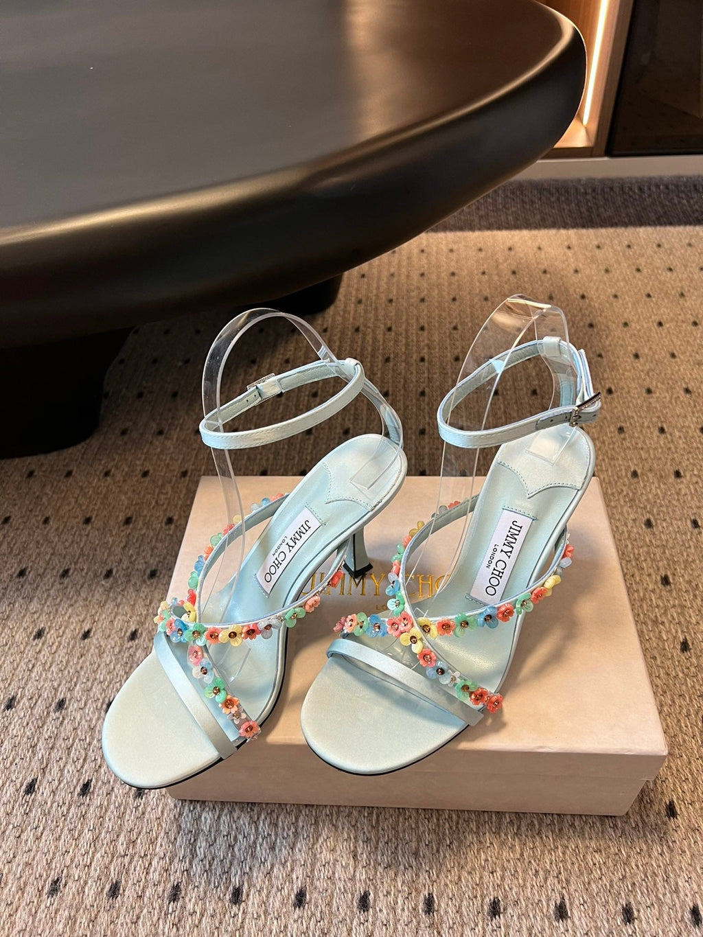 JIMMY CHOO 26S FLORAL HEEL SANDALS 85 MM IN PASTEL BLUE SATIN AND LAMBSKIN