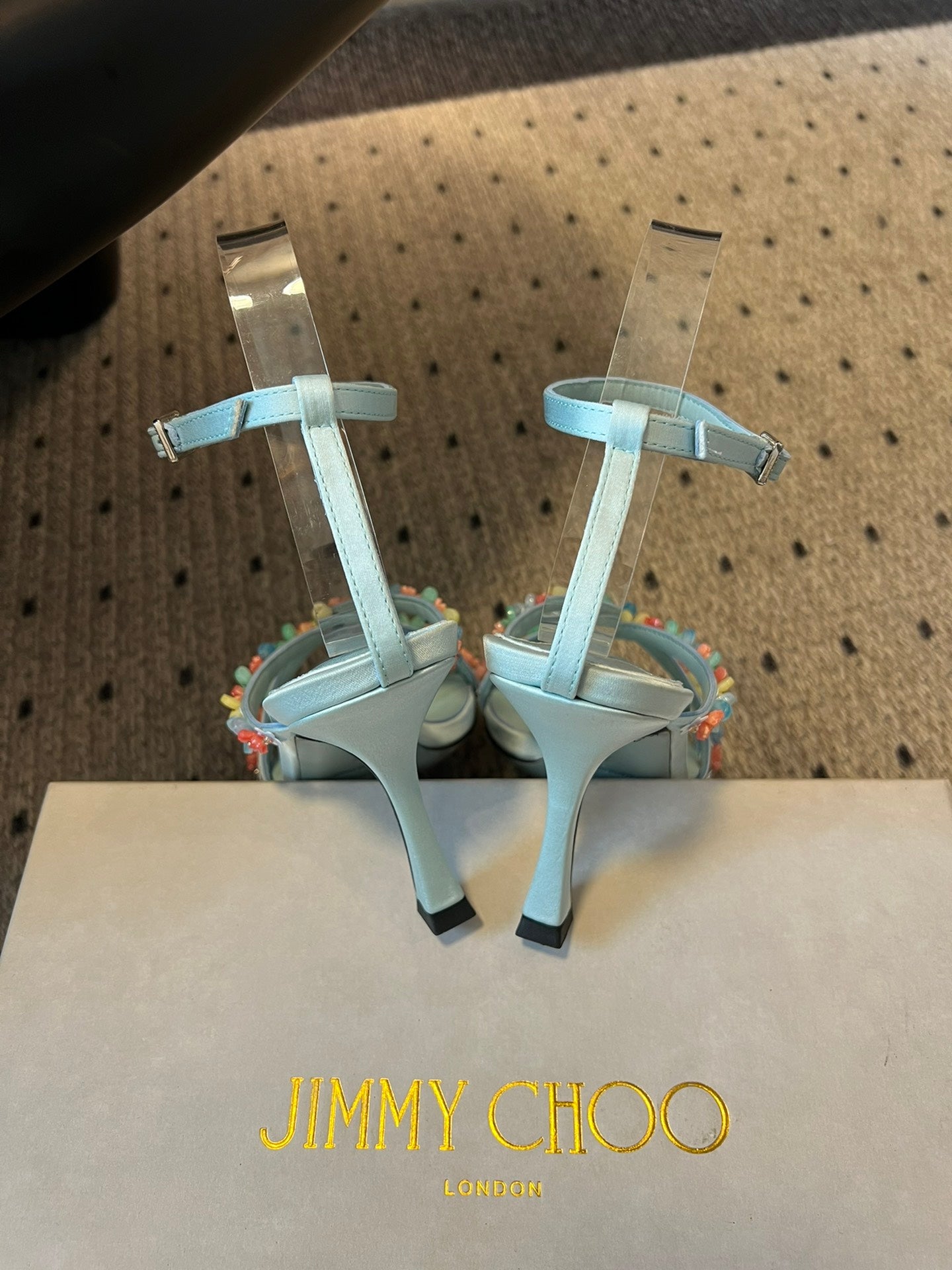 JIMMY CHOO 26S FLORAL HEEL SANDALS 85 MM IN PASTEL BLUE SATIN AND LAMBSKIN