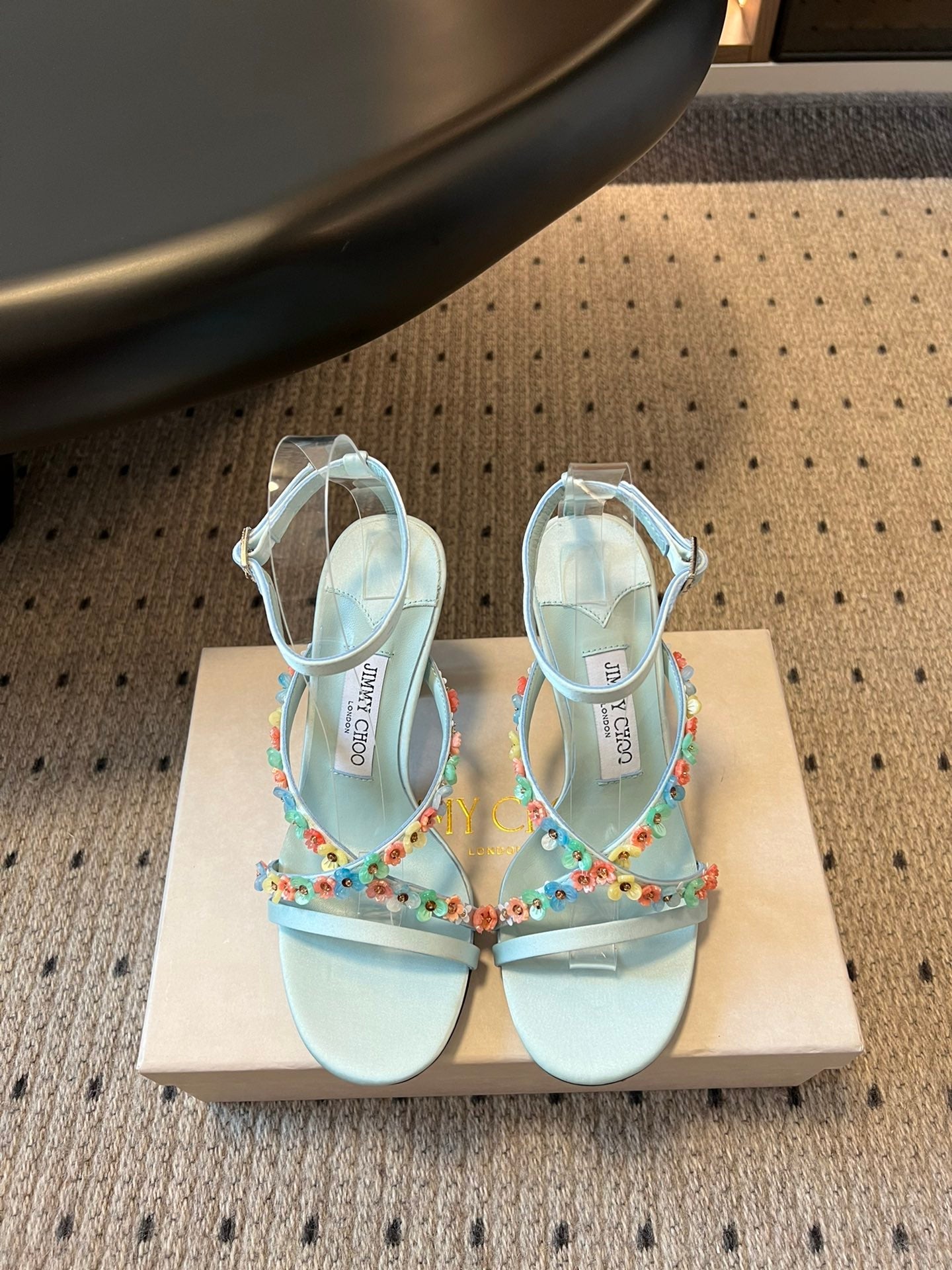 JIMMY CHOO 26S FLORAL HEEL SANDALS 85 MM IN PASTEL BLUE SATIN AND LAMBSKIN