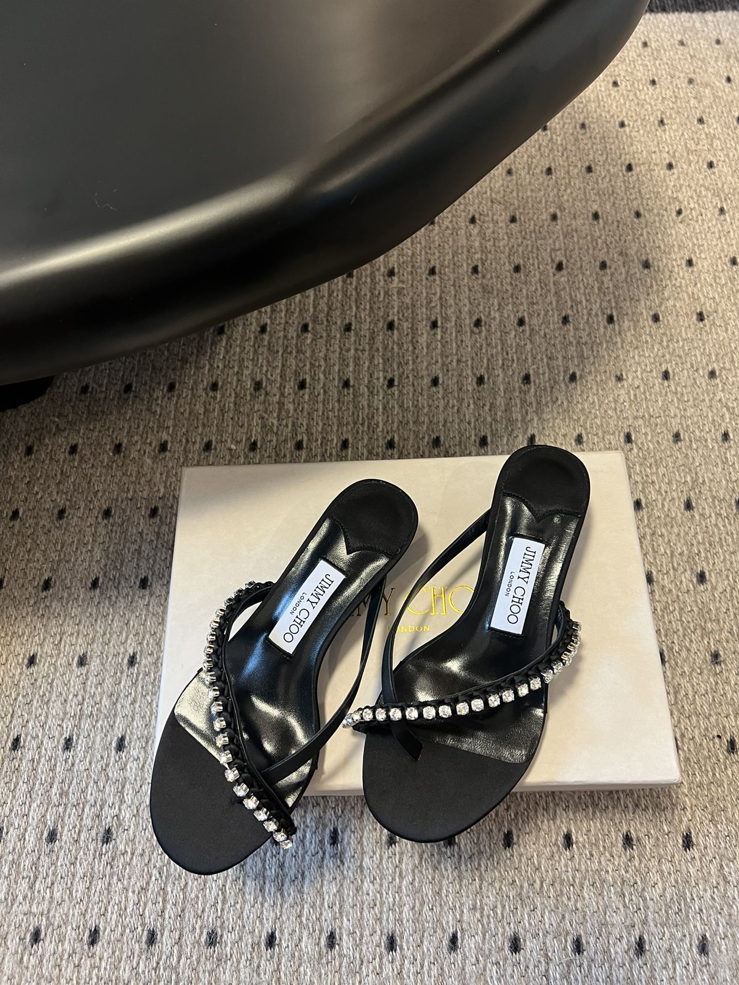 JIMMY CHOO 26S CRYSTAL THONG SANDALS 45 MM IN BLACK LAMBSKIN