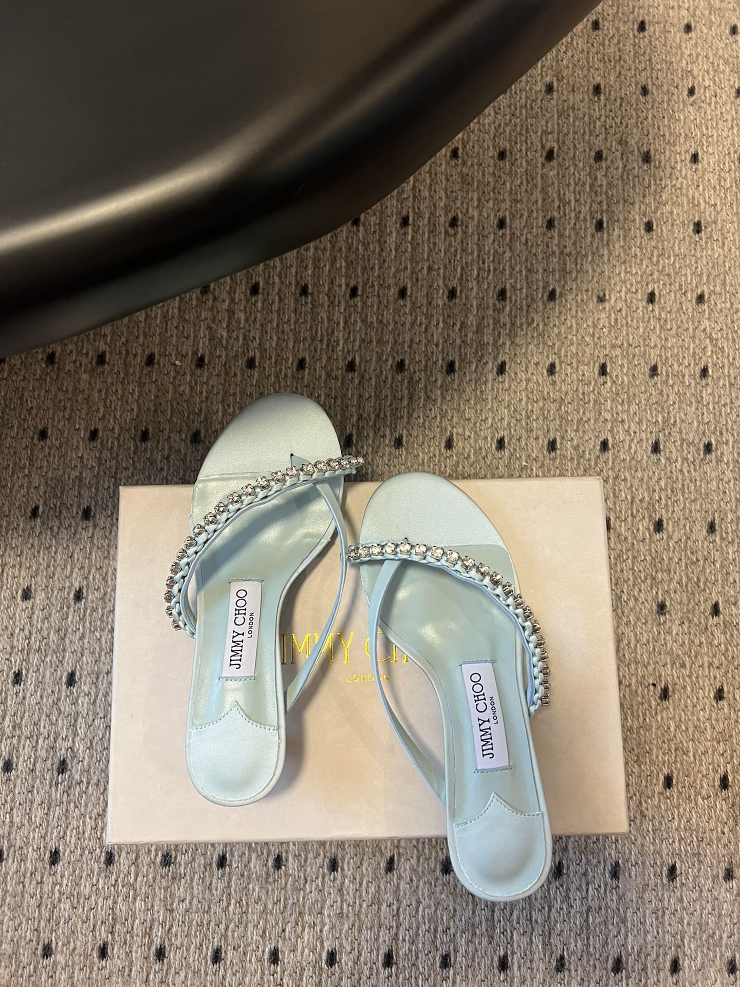 JIMMY CHOO 26S CRYSTAL THONG SANDALS 45 MM IN PASTEL BLUE SATIN AND LAMBSKIN