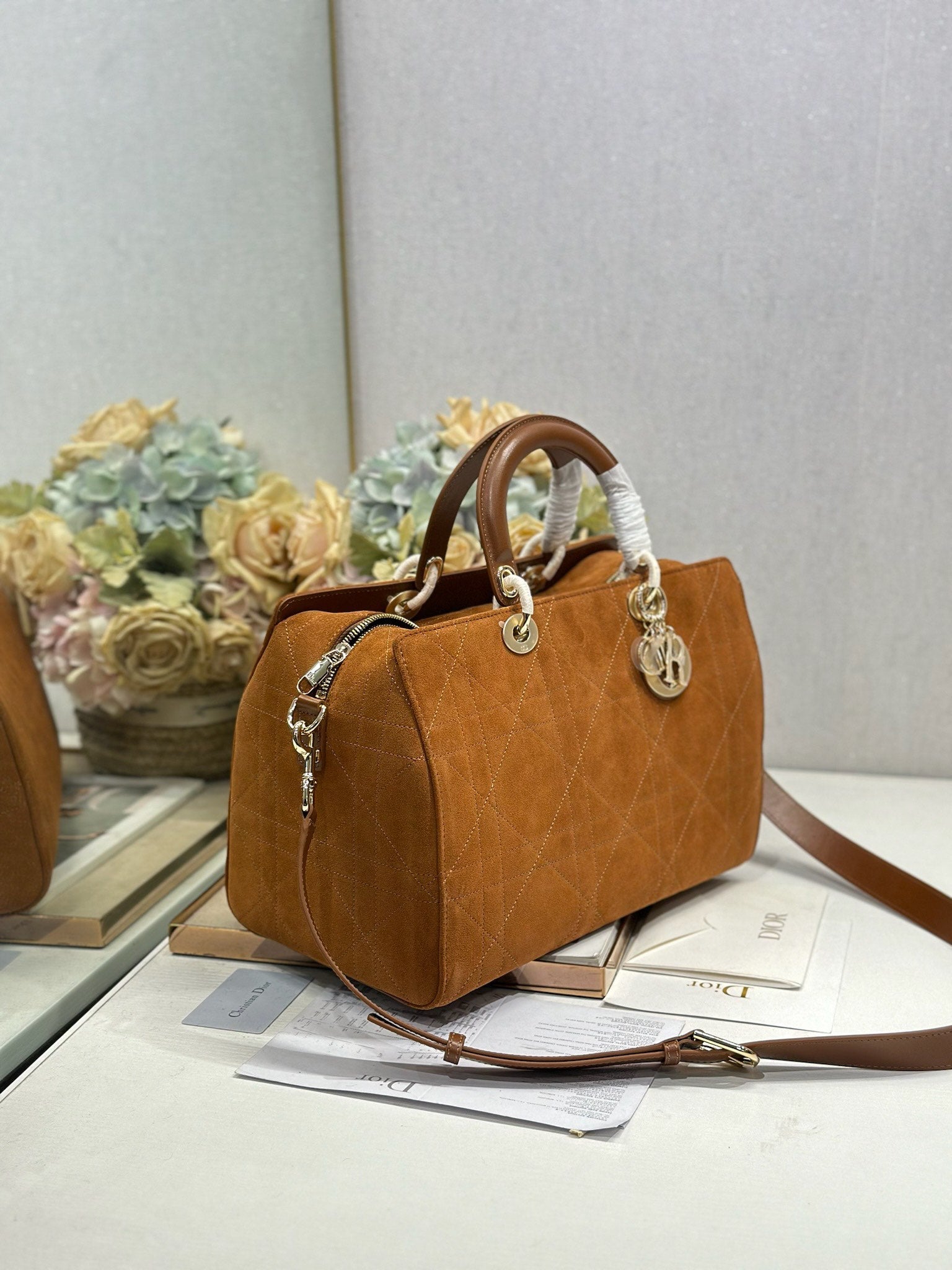 DIOR 26S LADY BAG 34 IN LIGHT BROWN SUEDE