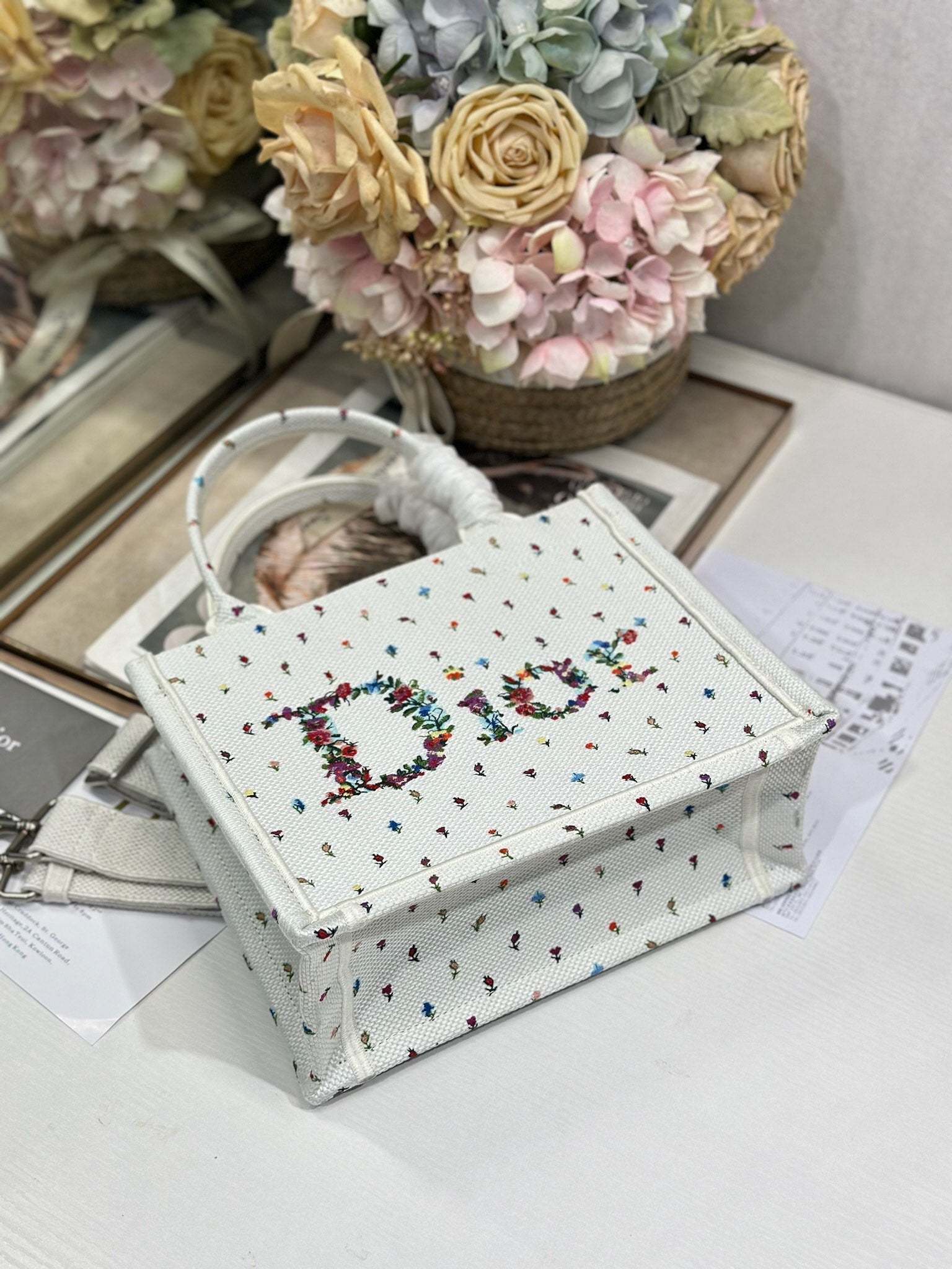 DIOR 26S BOOK TOTE BAG 36 IN MULTICOLOR MICRO FLORAL BAYADERE FABRIC