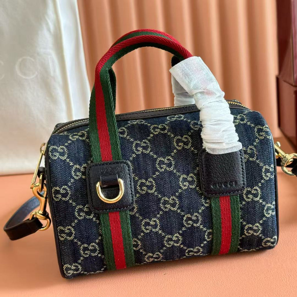 GG TOP HANDLE BAG 20 IN DARK BLUE DENIM MIX CALFSKIN