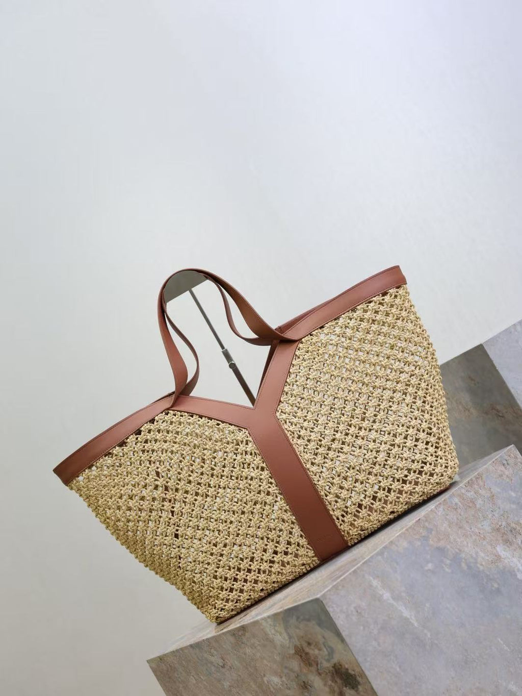 YSL Y TOTE 50 IN BEIGE RAFFIA GOLD HARDWARE