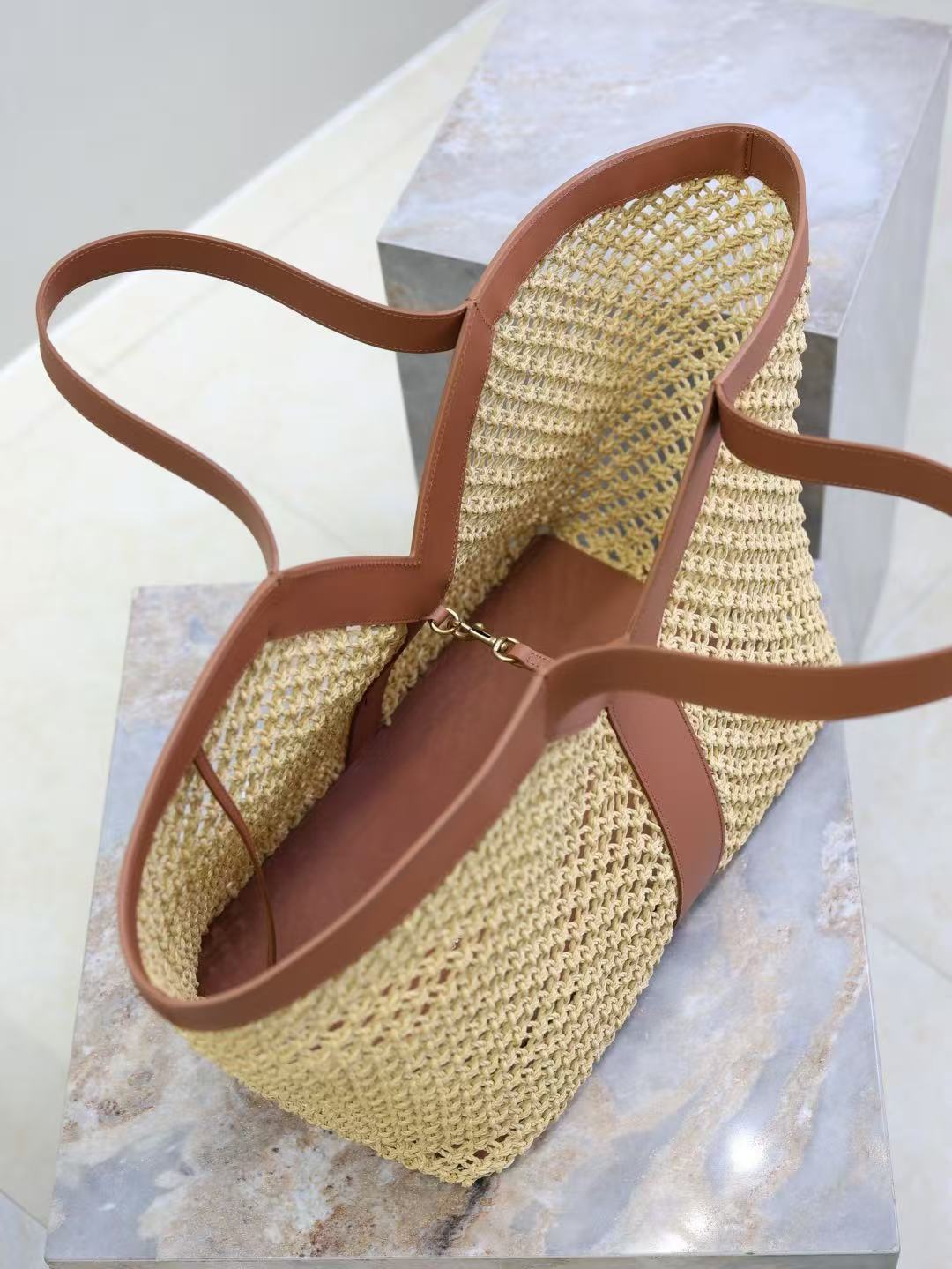 YSL Y TOTE 50 IN BEIGE RAFFIA GOLD HARDWARE