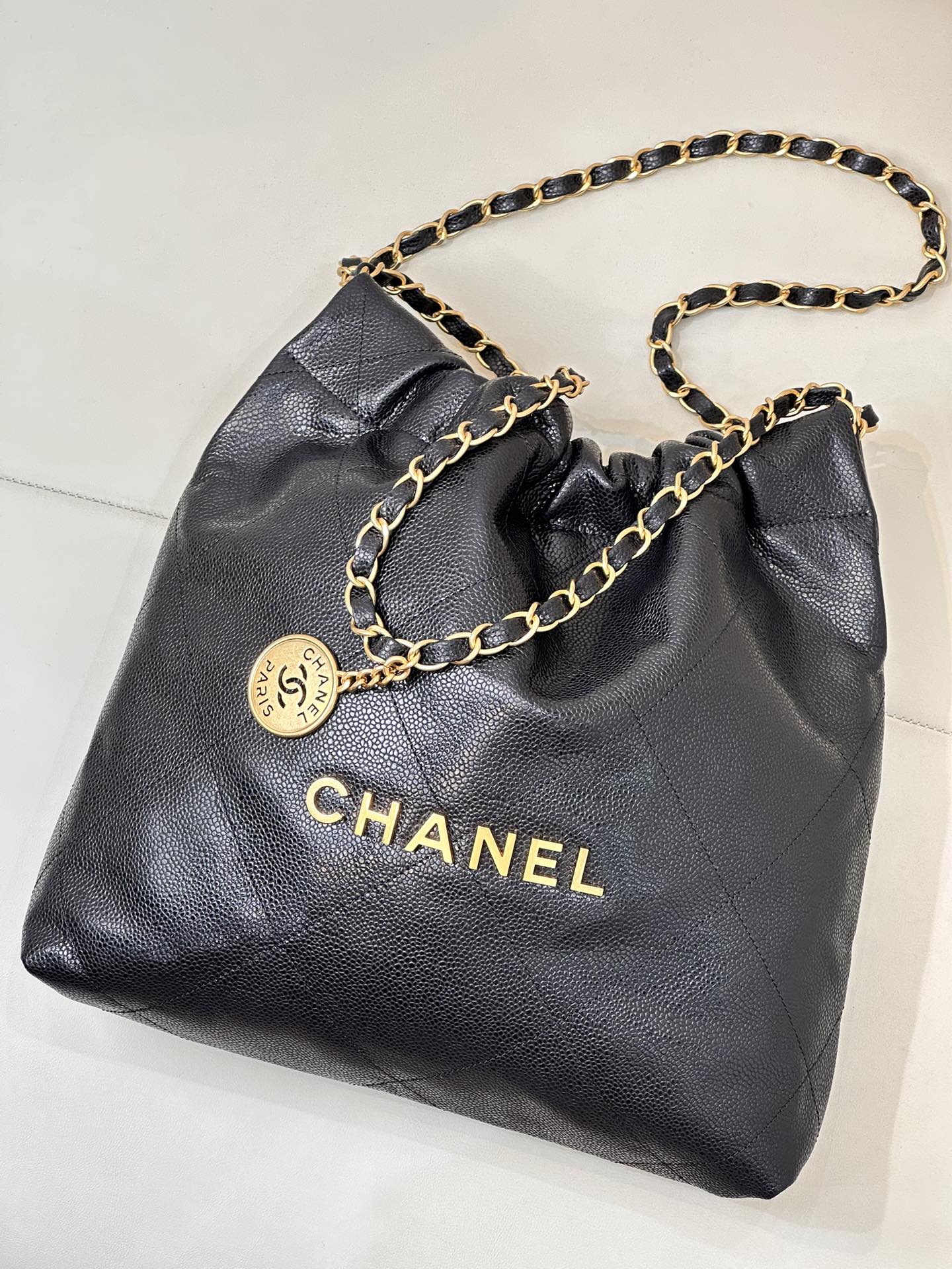 CHANEL 26S DRAWSTRING SHOULDER BAG 35 IN BLACK CAVIAR CALFSKIN