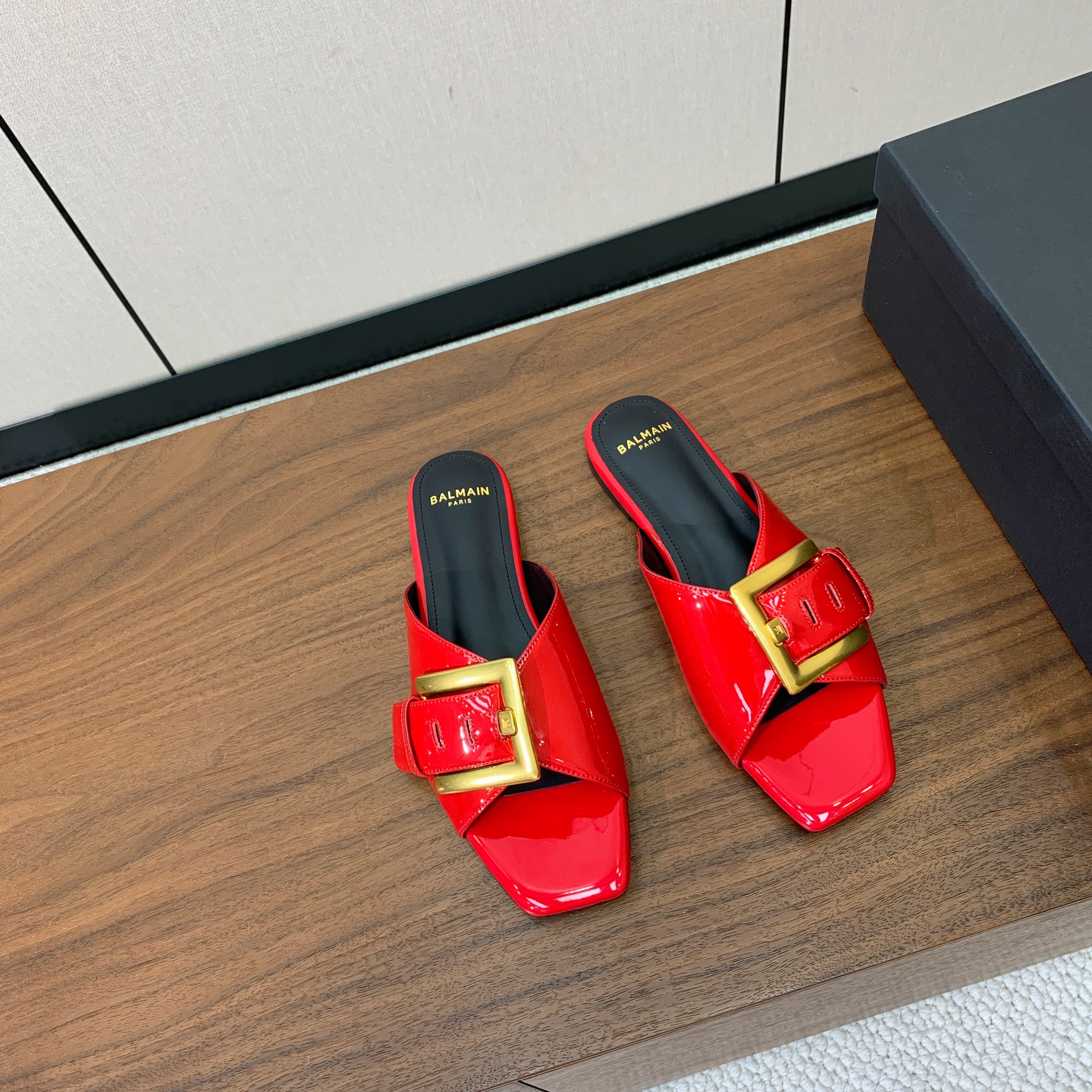 BALMAIN 26S B-BELT FLAT SANDALS IN RED CALFSKIN