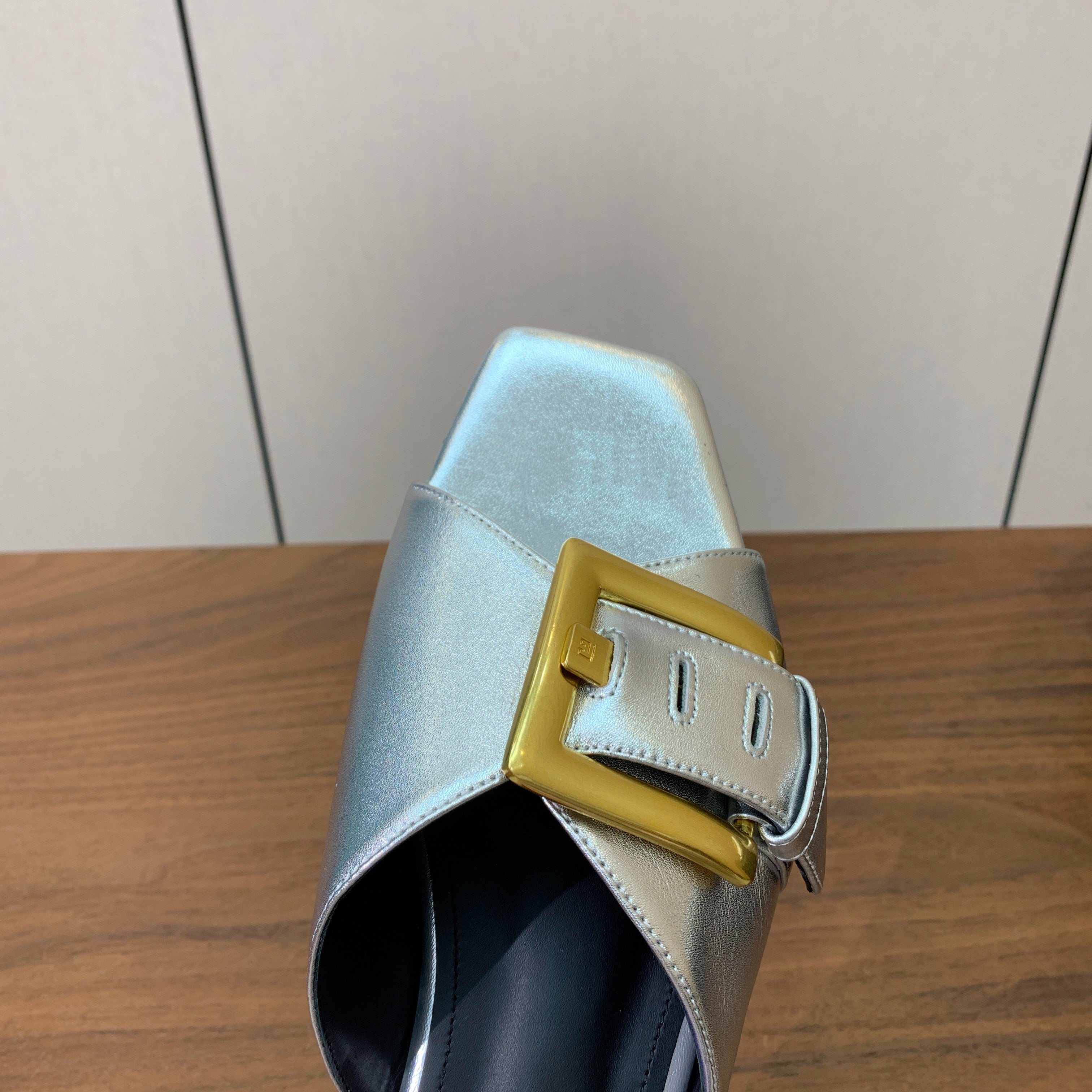 BALMAIN 26S B-BELT FLAT SANDALS IN METALLIC SILVER CALFSKIN