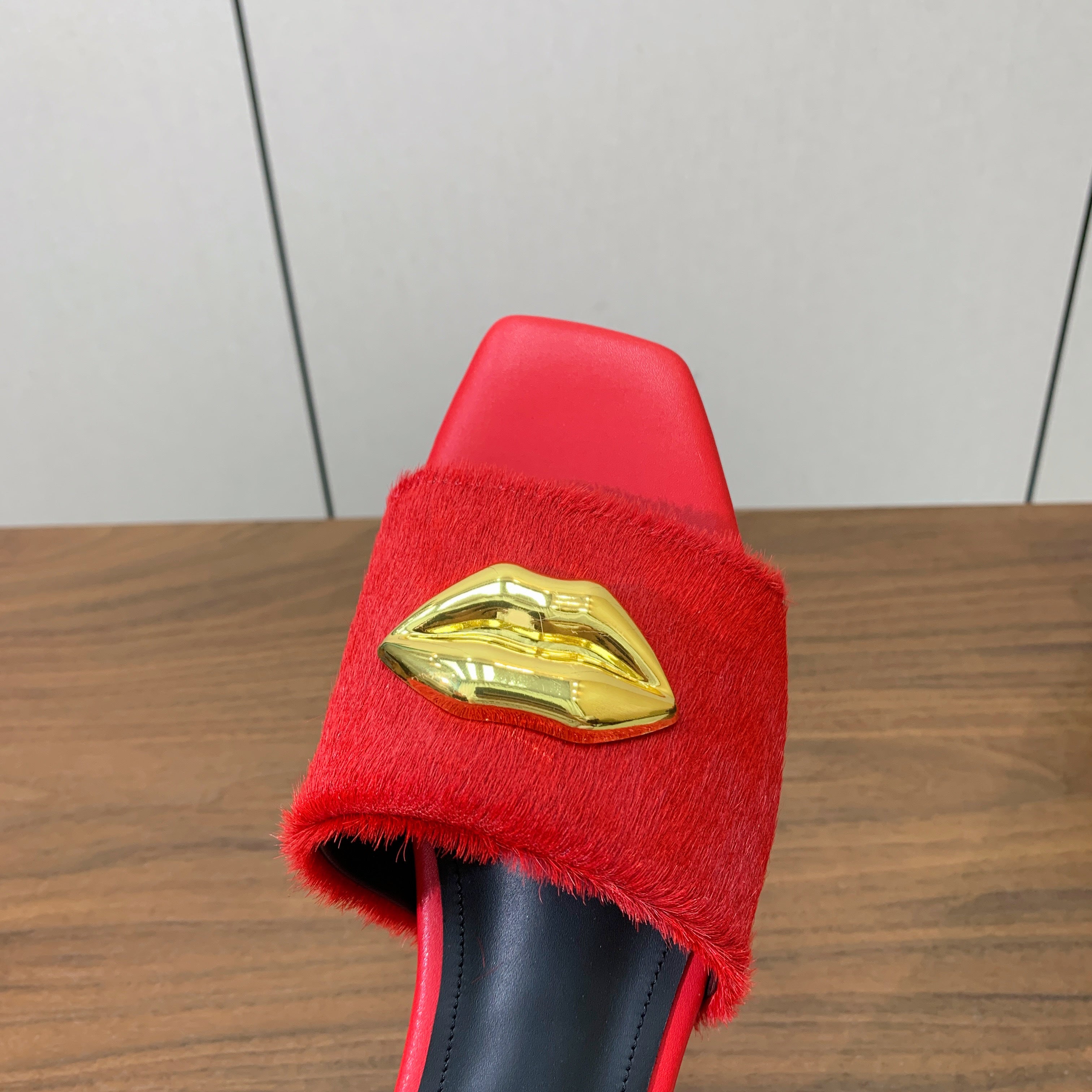 BALMAIN 26S LIP-EMBELLISHED SLIDES IN RED PONY HAIR WITH GOLD HARDWARE