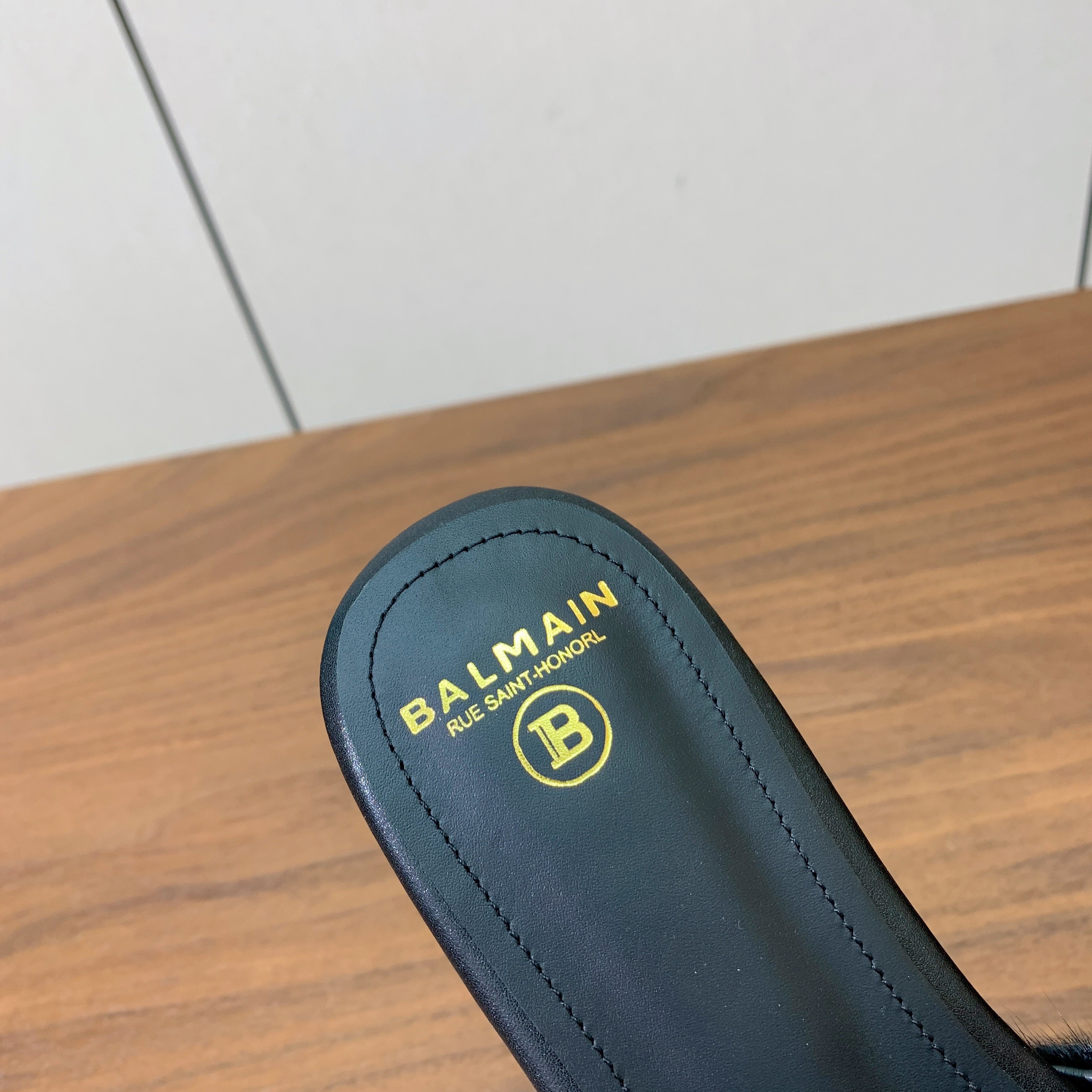 BALMAIN 26S LIP-EMBELLISHED SLIDES IN BLACK PONY HAIR WITH GOLD HARDWARE