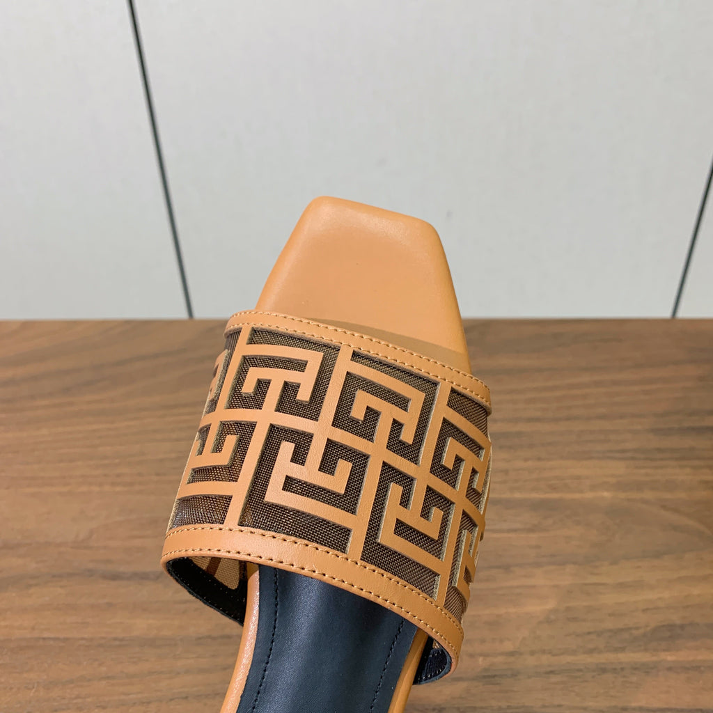 BALMAIN 26S FLAT SANDALS IN LIGHT BROWN CALFSKIN AND MESH