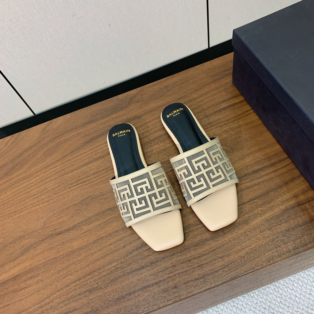 BALMAIN 26S FLAT SANDALS IN BEIGE CALFSKIN AND MESH
