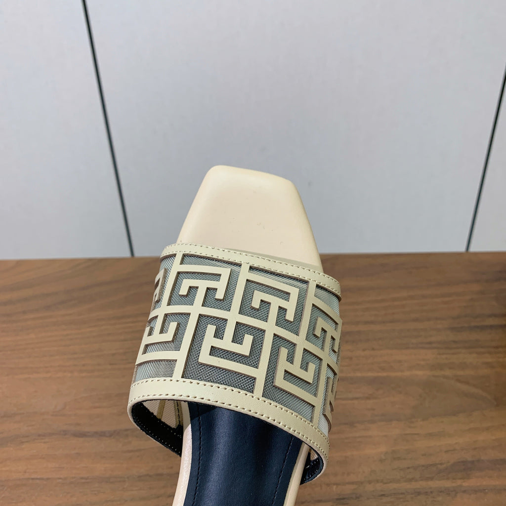 BALMAIN 26S FLAT SANDALS IN BEIGE CALFSKIN AND MESH