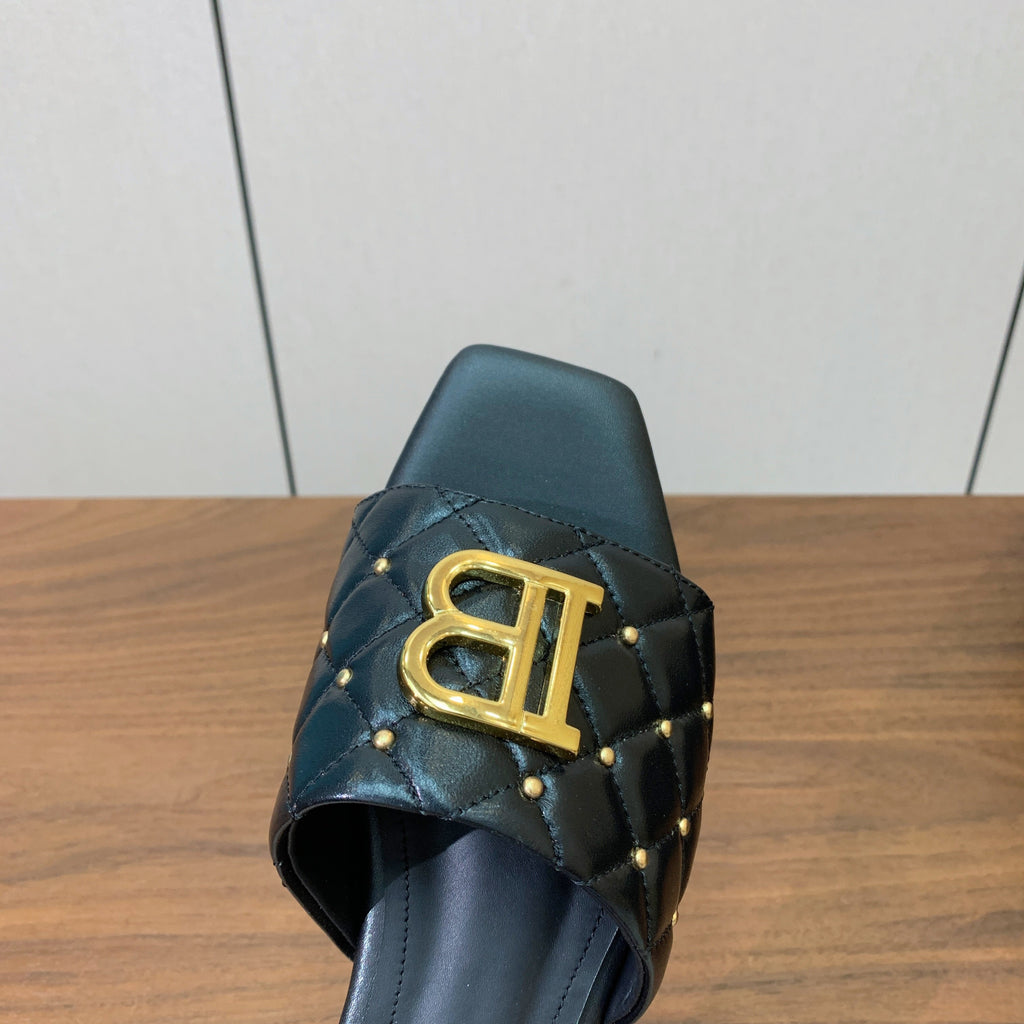 BALMAIN 26S QUILTED MULES IN BLACK CALFSKIN