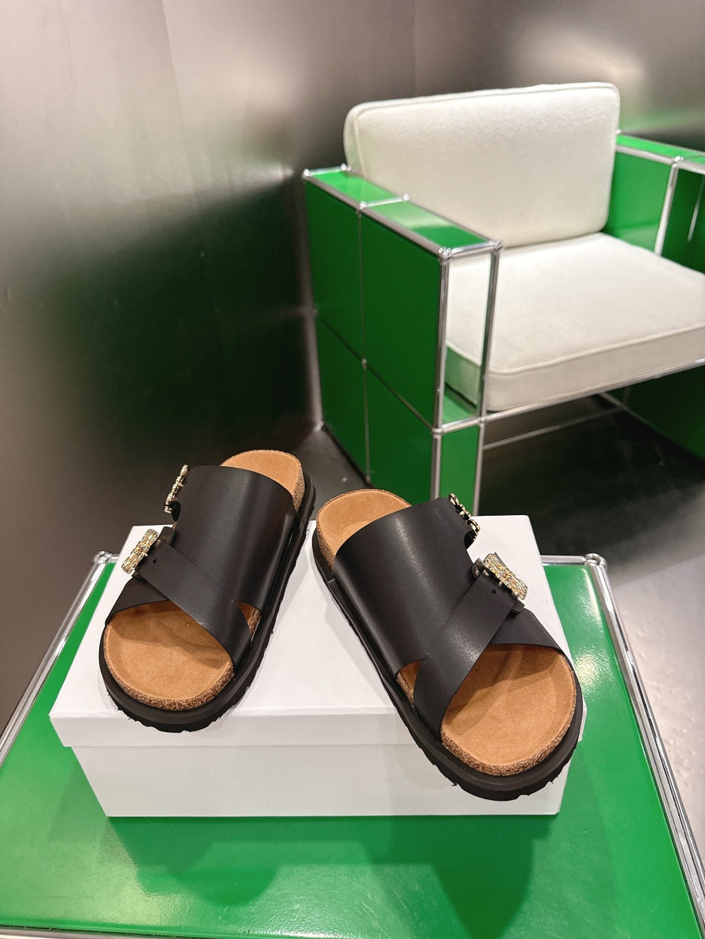 LOEWE 26S ANAGRAM FLAT SLIDES IN BLACK CALFSKIN