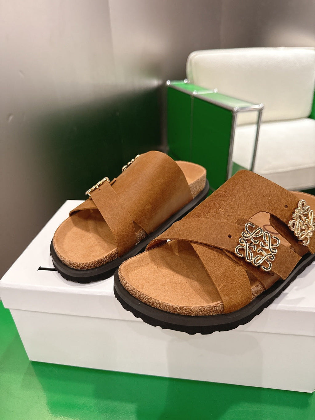 LOEWE 26S ANAGRAM FLAT SLIDES IN CARAMEL BROWN SUEDE