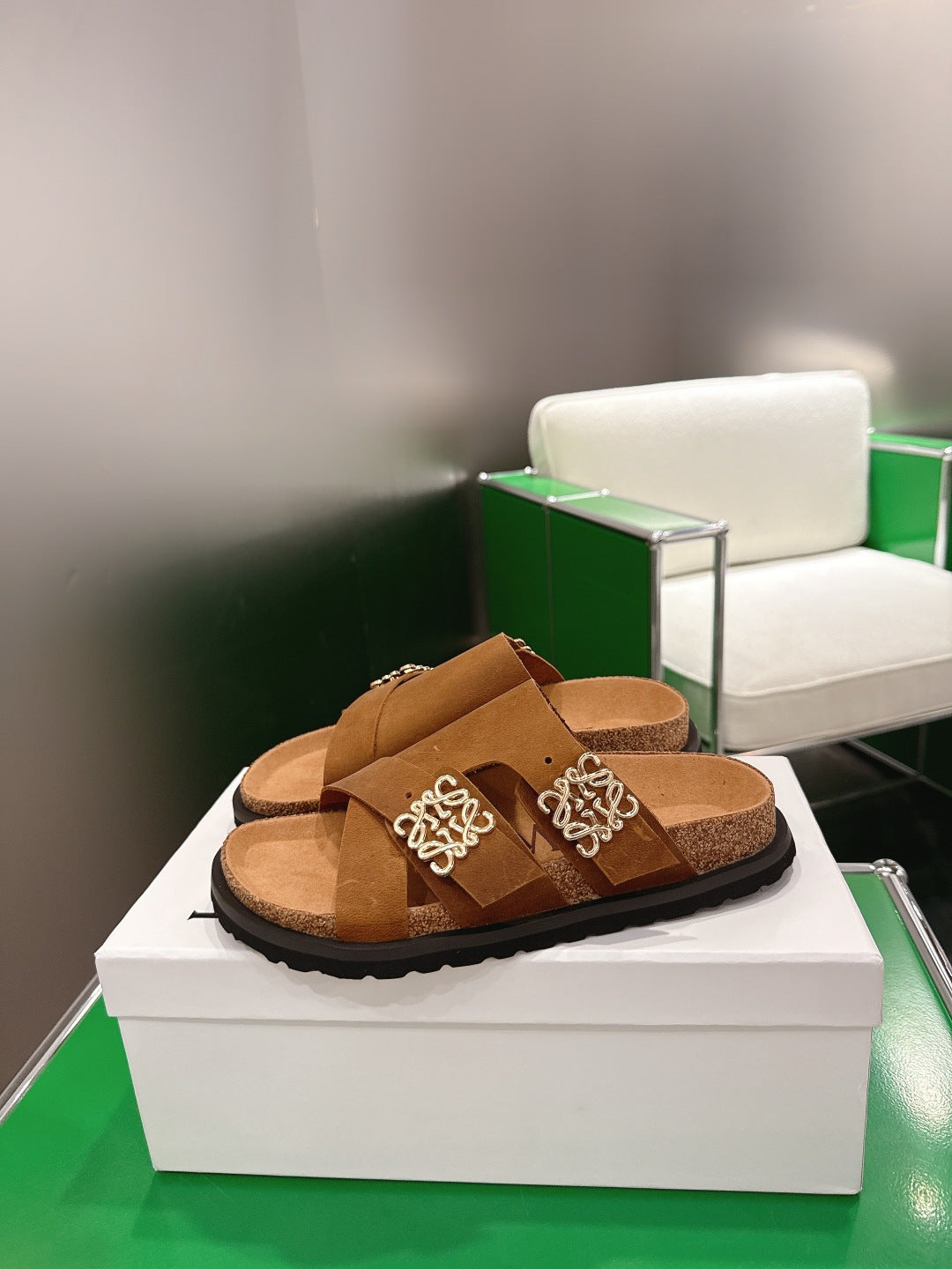 LOEWE 26S ANAGRAM FLAT SLIDES IN CARAMEL BROWN SUEDE